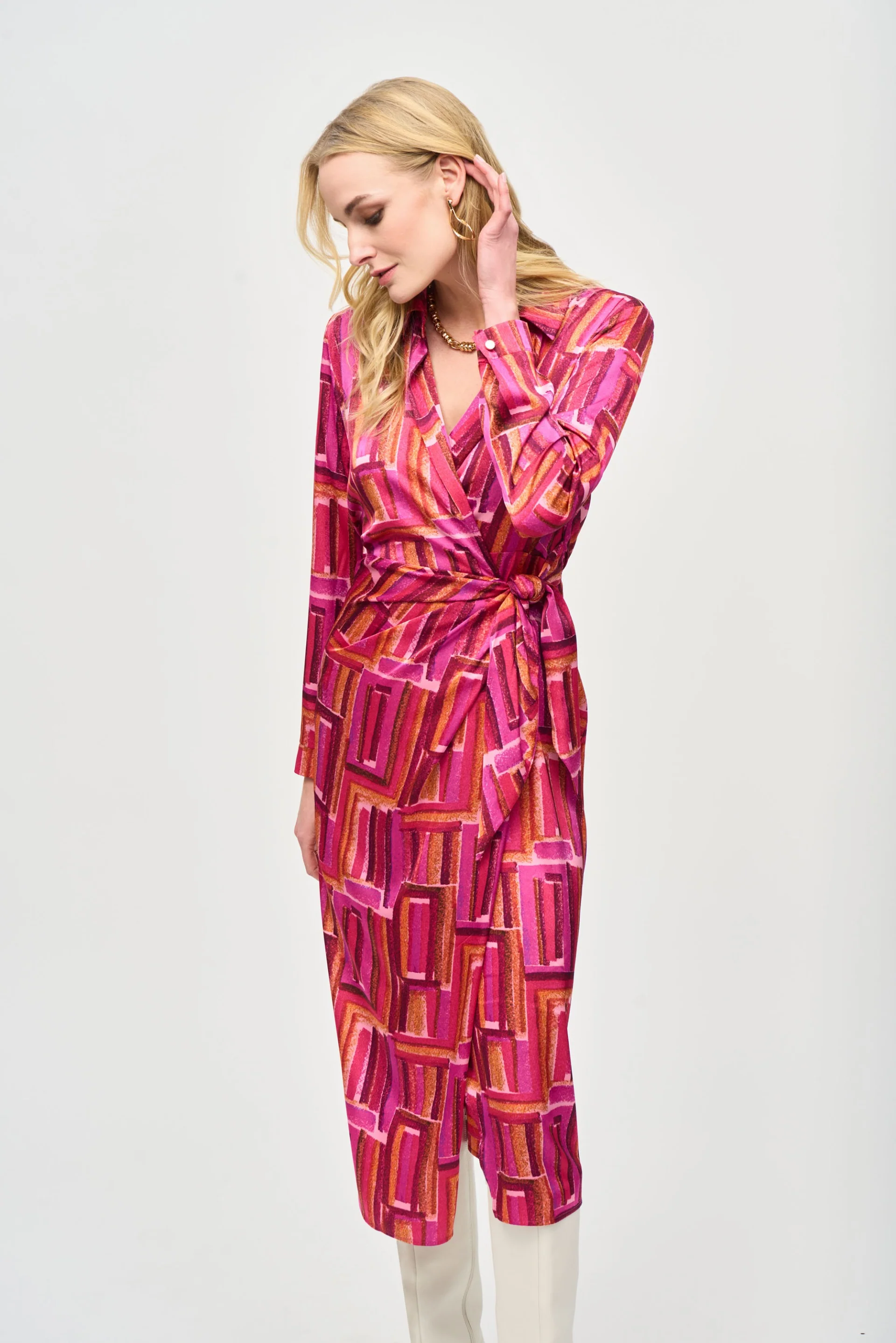 Joseph Ribkoff Pink/Multi Geometric Print Wrap Dress Style 243182 - Image 3