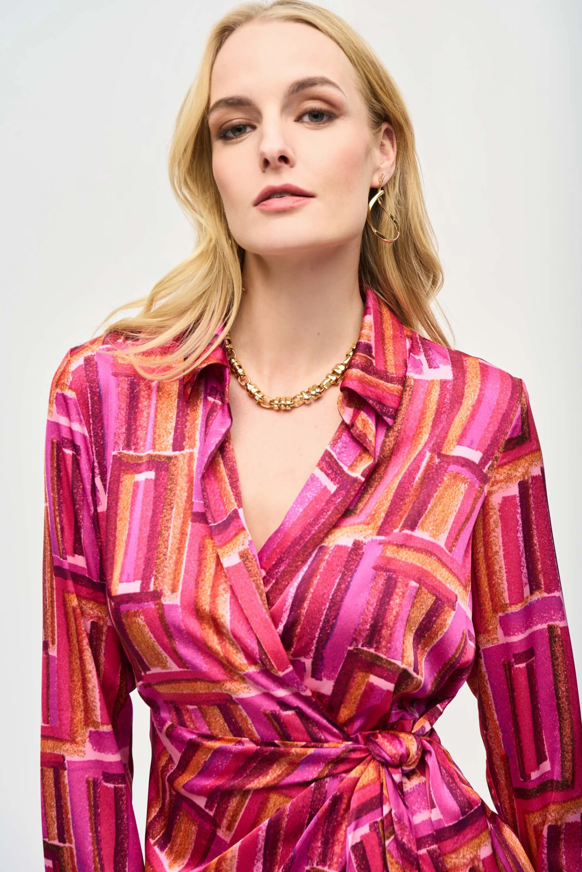 Joseph Ribkoff Pink/Multi Geometric Print Wrap Dress Style 243182 - Image 4