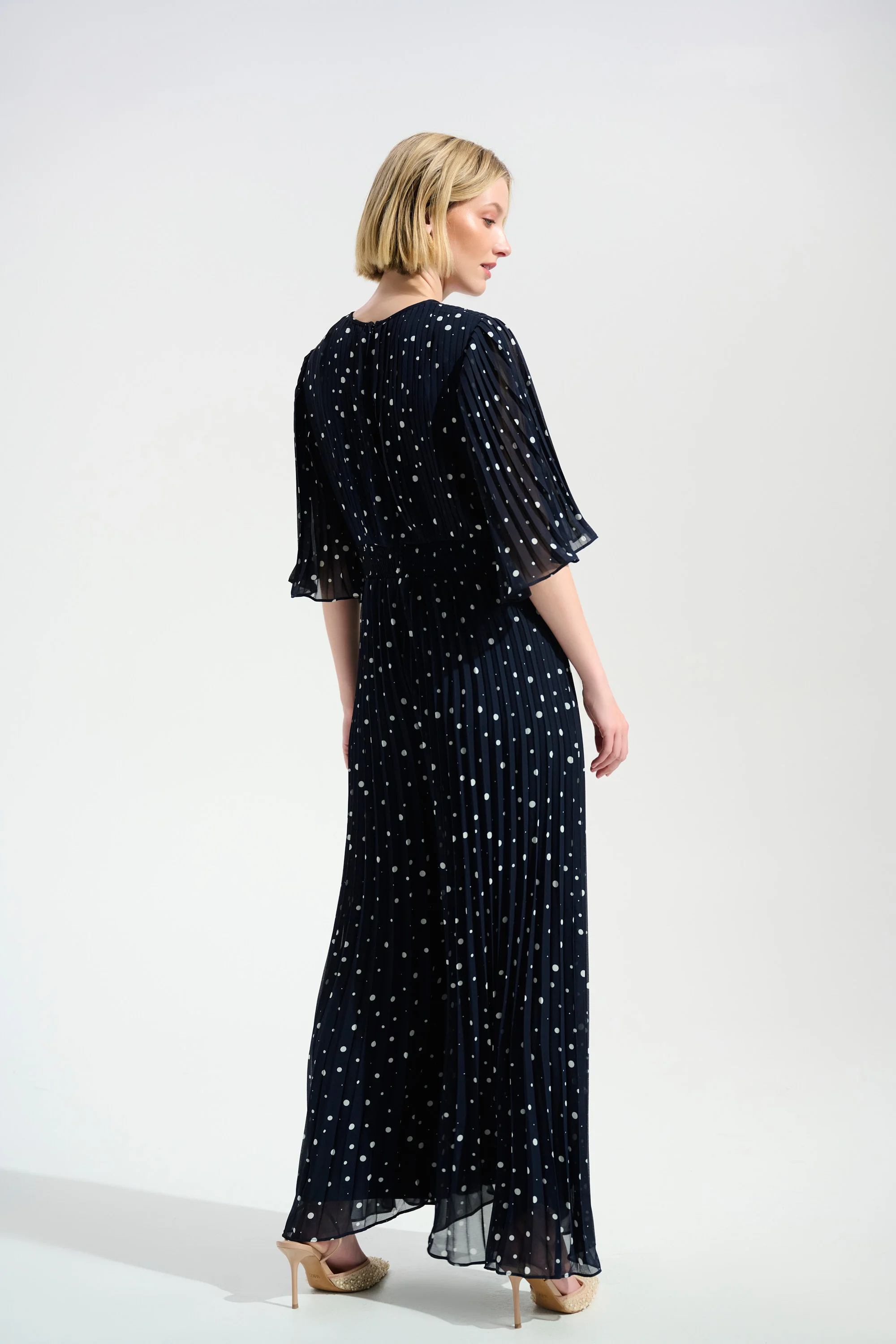 Joseph Ribkoff Pleated Chiffon Dot Print Wide Leg Jumpsuit With Knot Detail Style 261756 - Image 3