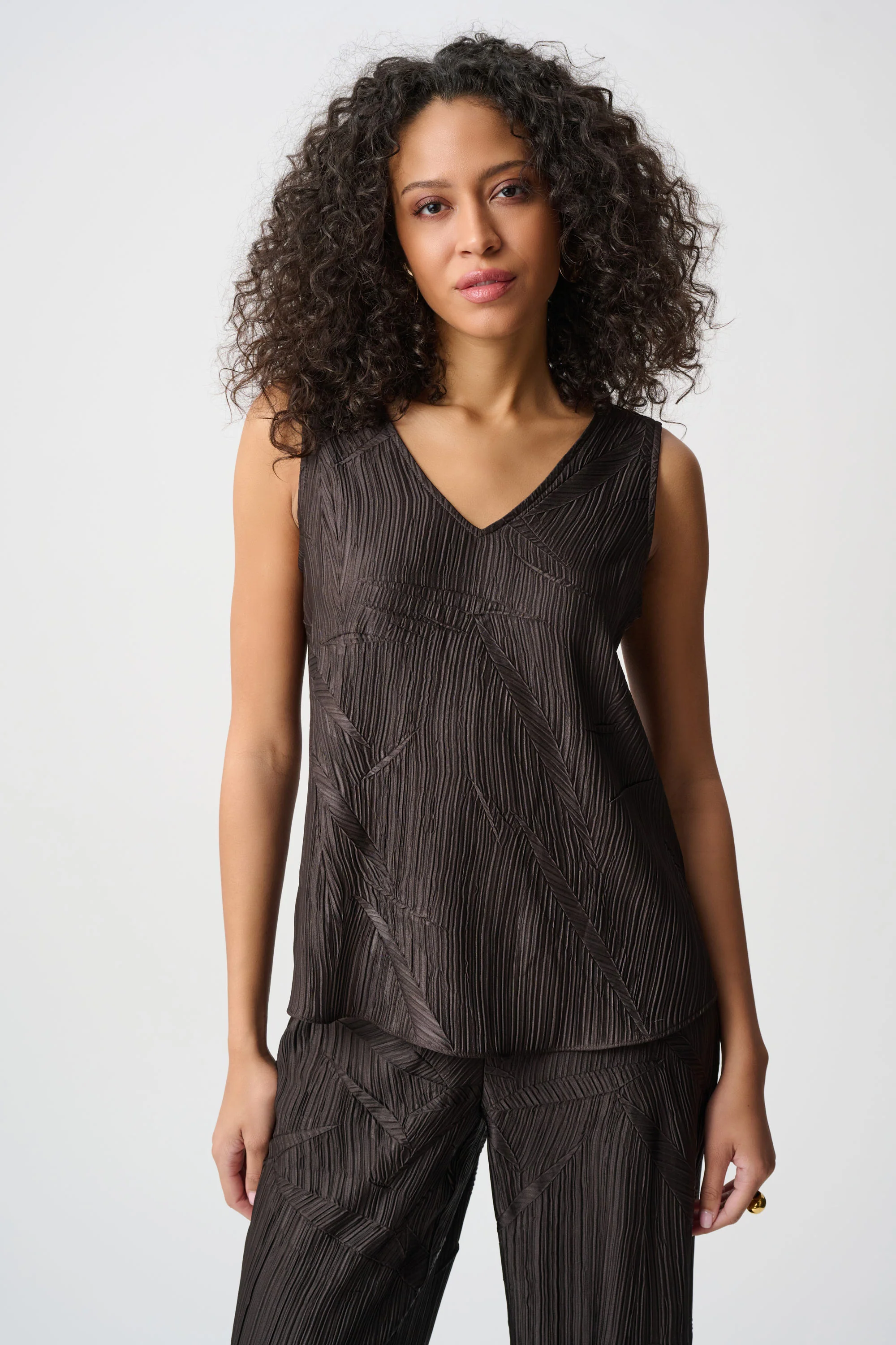 Joseph Ribkoff Pleated Satin Flared V-Neck Top Style 263051