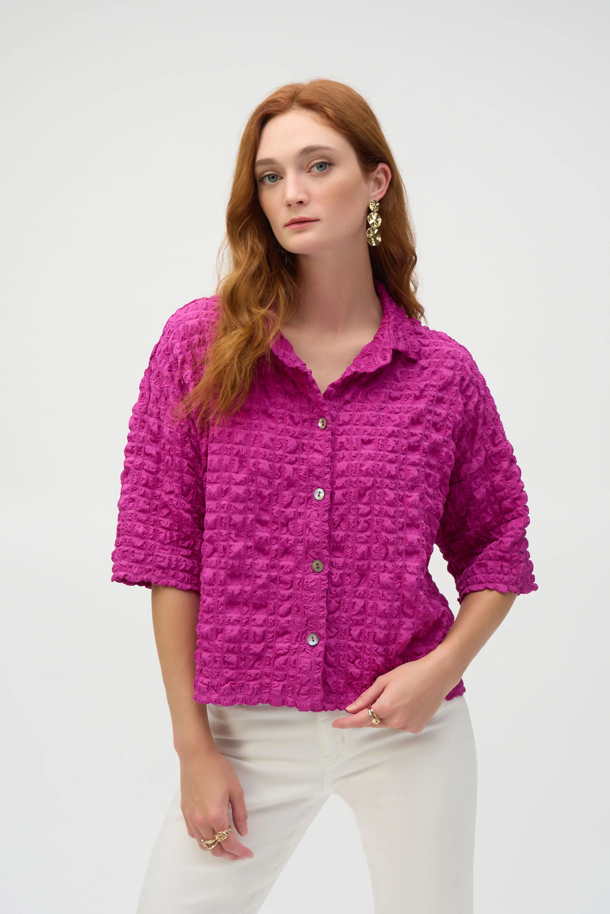 Joseph Ribkoff Purple Orchid Bubble Jacquard Boxy Blouse Style 252000