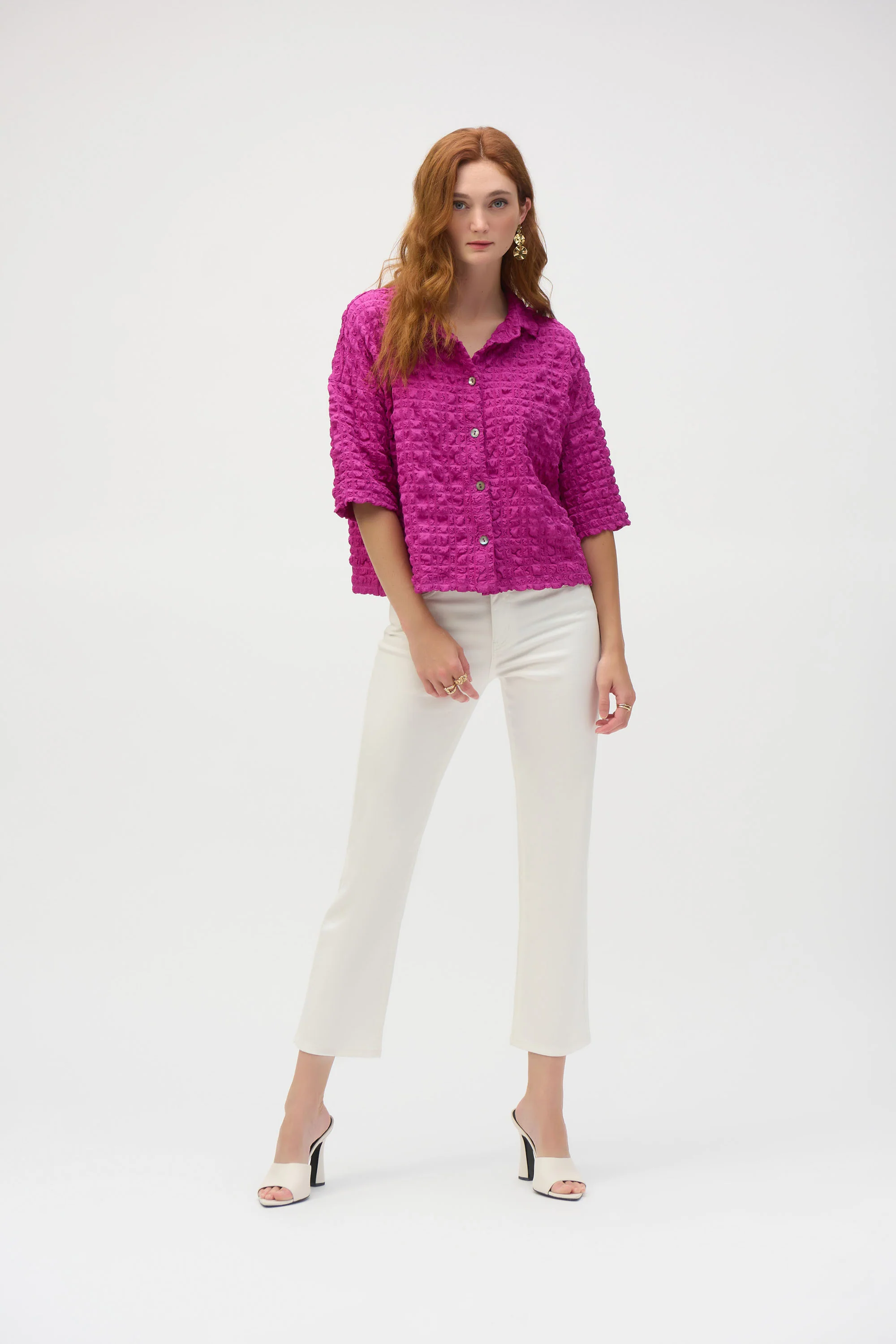 Joseph Ribkoff Purple Orchid Bubble Jacquard Boxy Blouse Style 252000 - Image 4