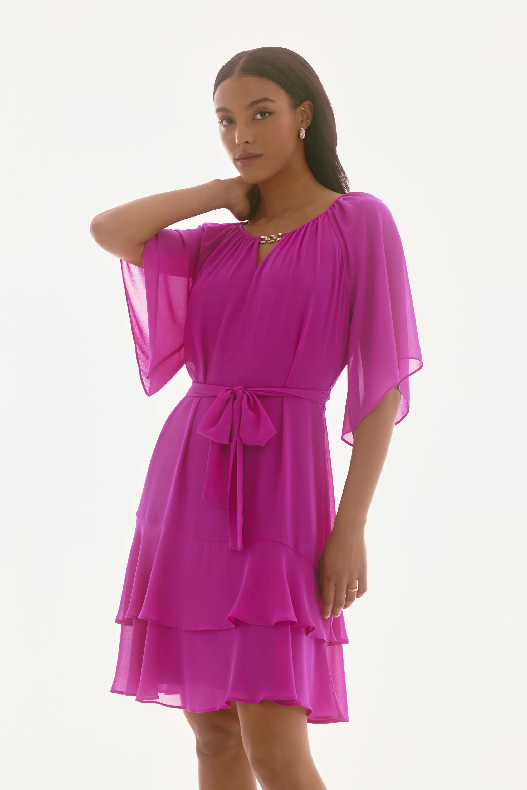 Joseph Ribkoff Purple Orchid Chiffon Belted A-Line Dress Style 251765 - Image 2