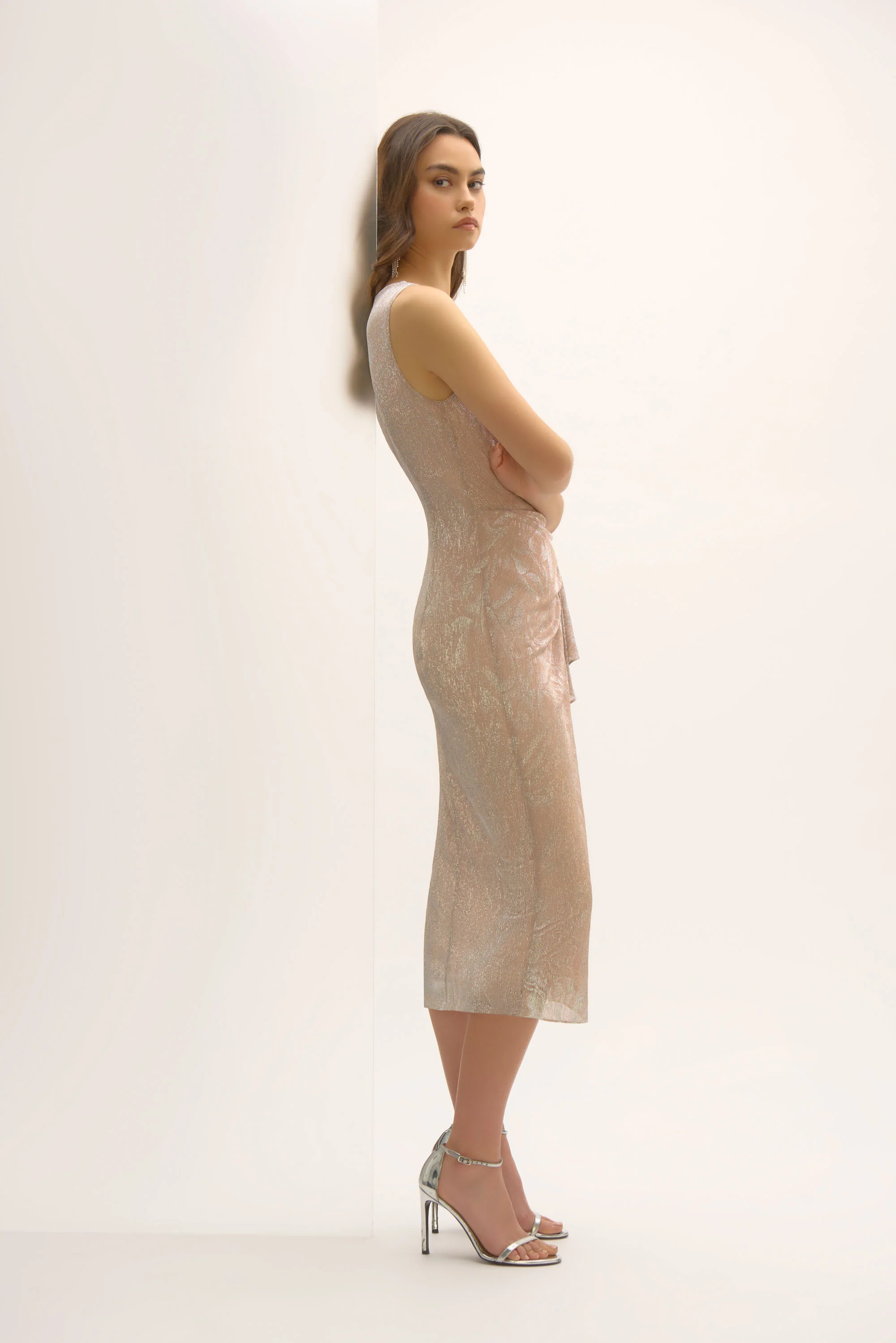 Joseph Ribkoff Quartz/Silver Foiled Plissé Novelty Knit Sheath Dress Style 252706 - Image 3