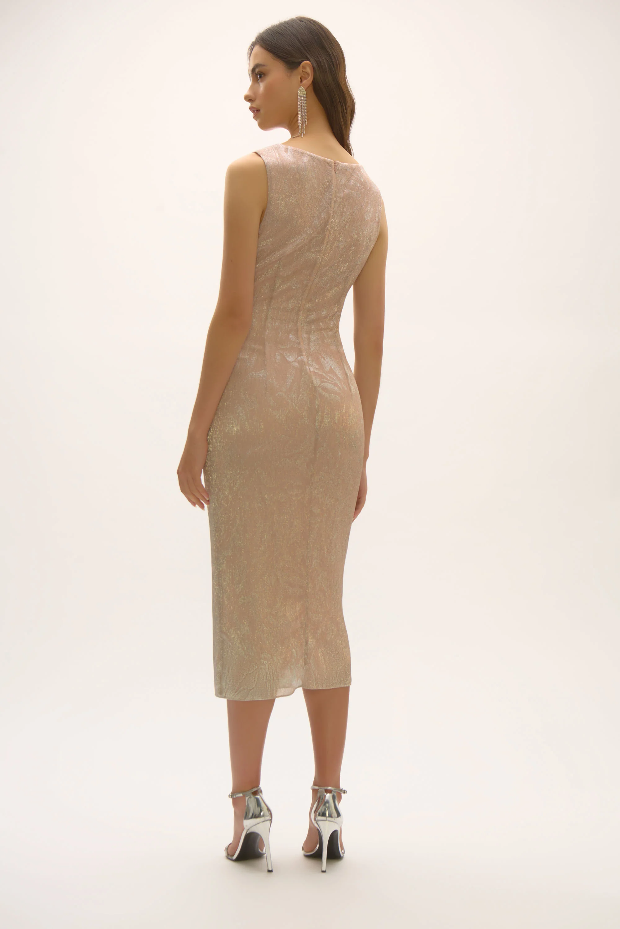 Joseph Ribkoff Quartz/Silver Foiled Plissé Novelty Knit Sheath Dress Style 252706 - Image 4