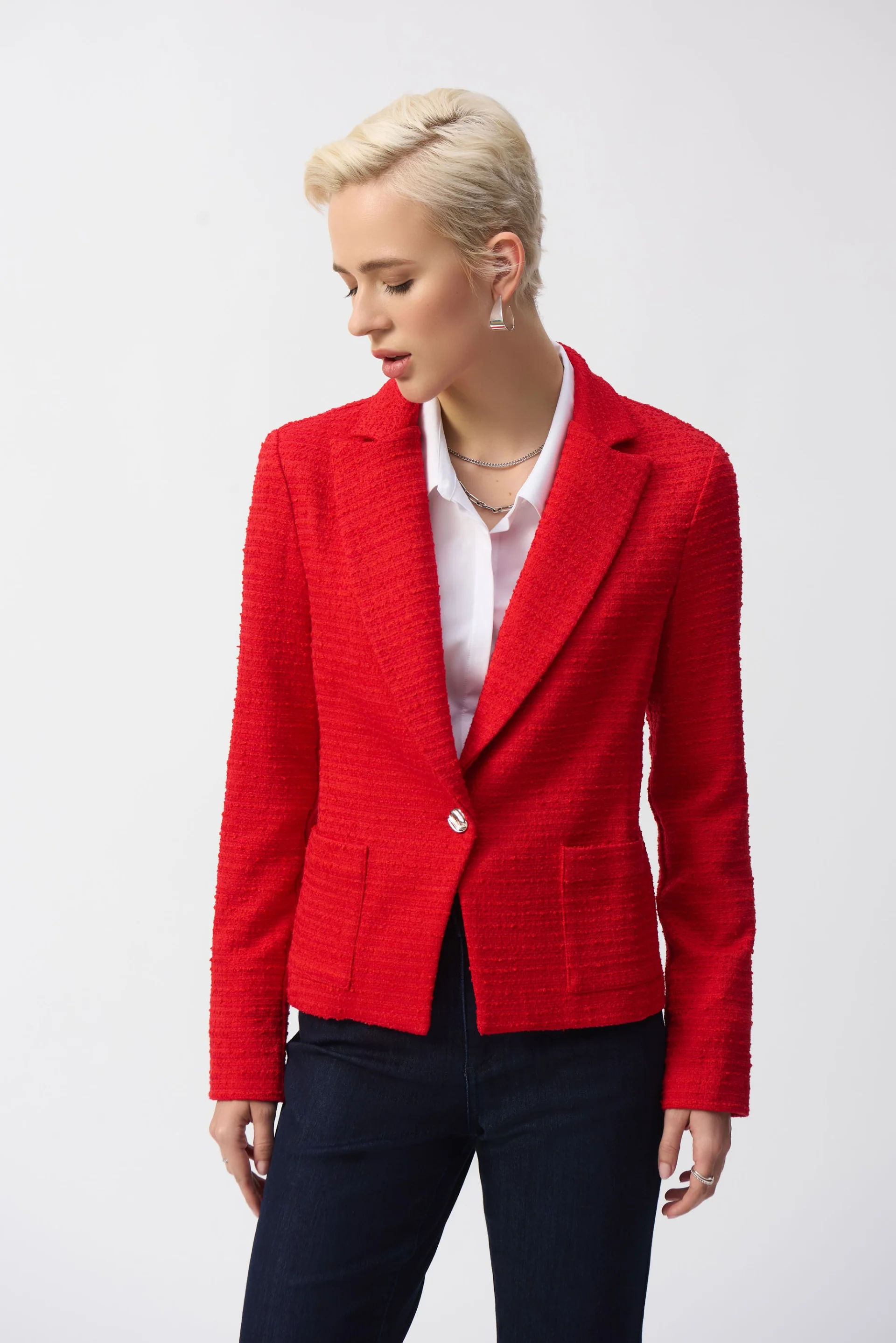 Joseph Ribkoff Radiant Red Bouclé Fitted Blazer Style 251239 - Image 4