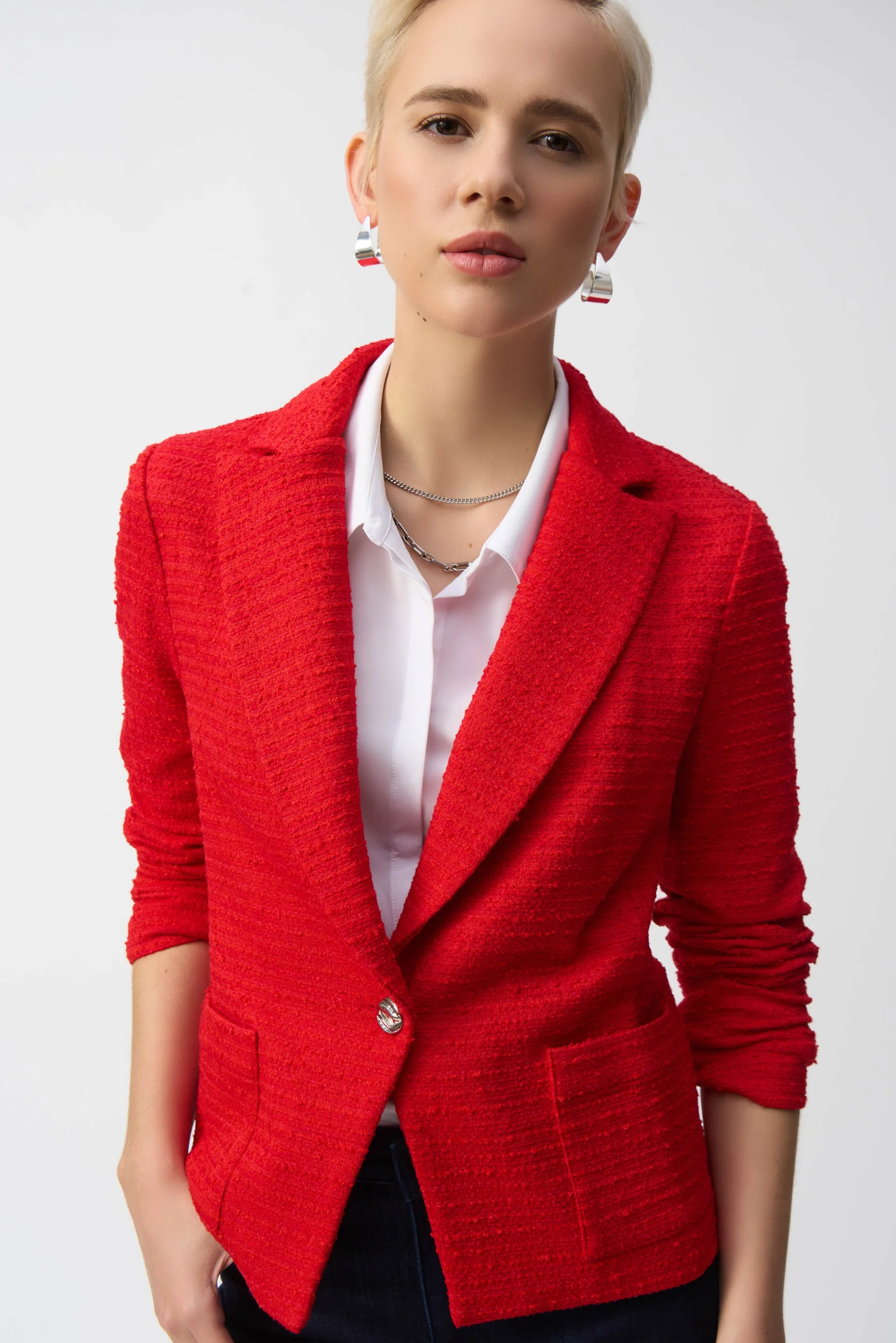 Joseph Ribkoff Radiant Red Bouclé Fitted Blazer Style 251239 - Image 5
