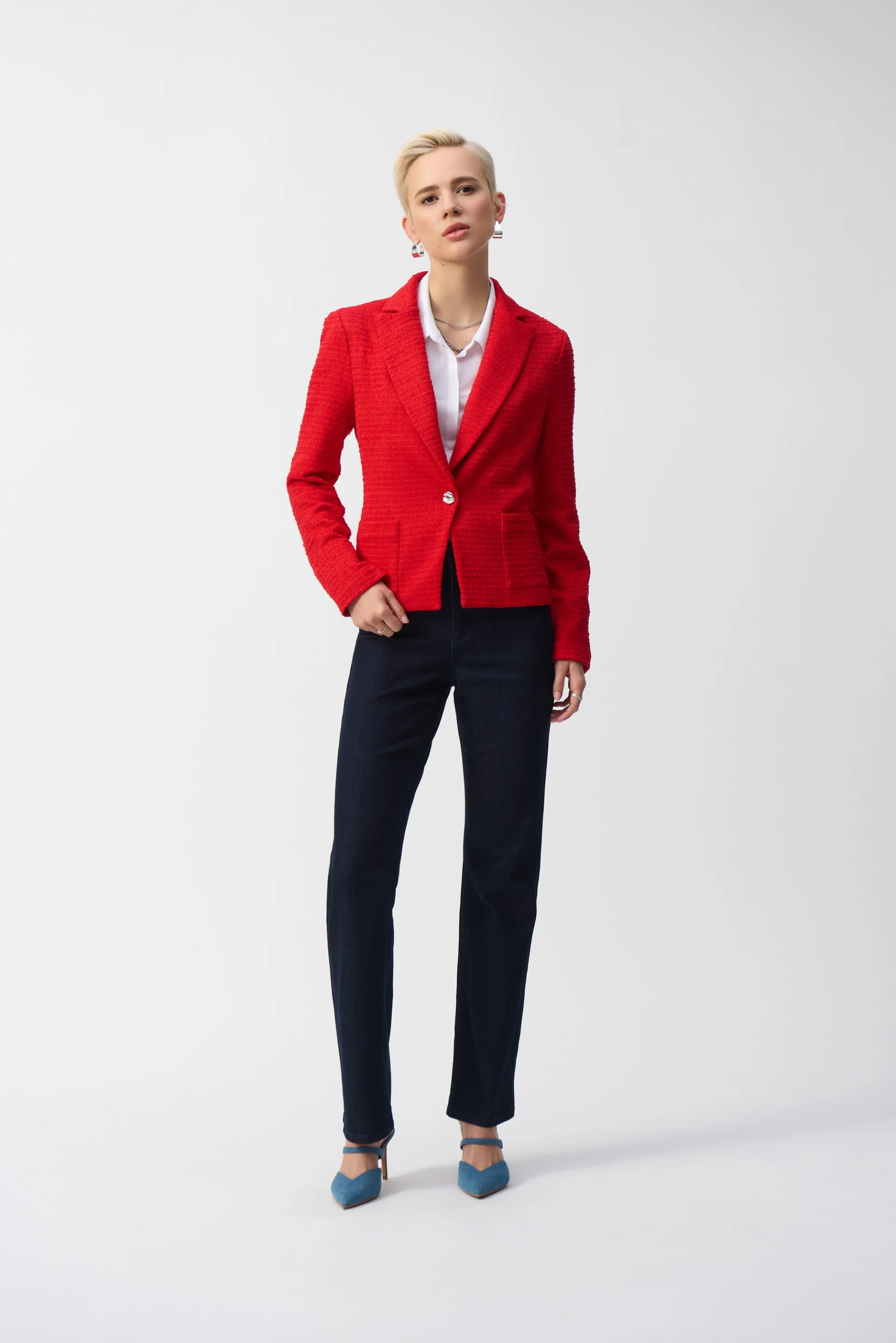 Joseph Ribkoff Radiant Red Bouclé Fitted Blazer Style 251239 - Image 7
