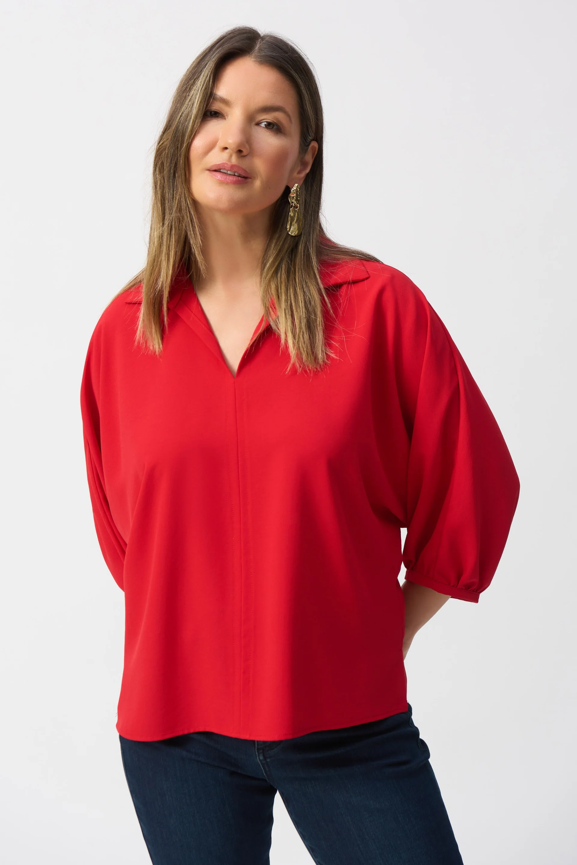 Joseph Ribkoff Radiant Red Boxy Top With Shirt Collar Style 251116