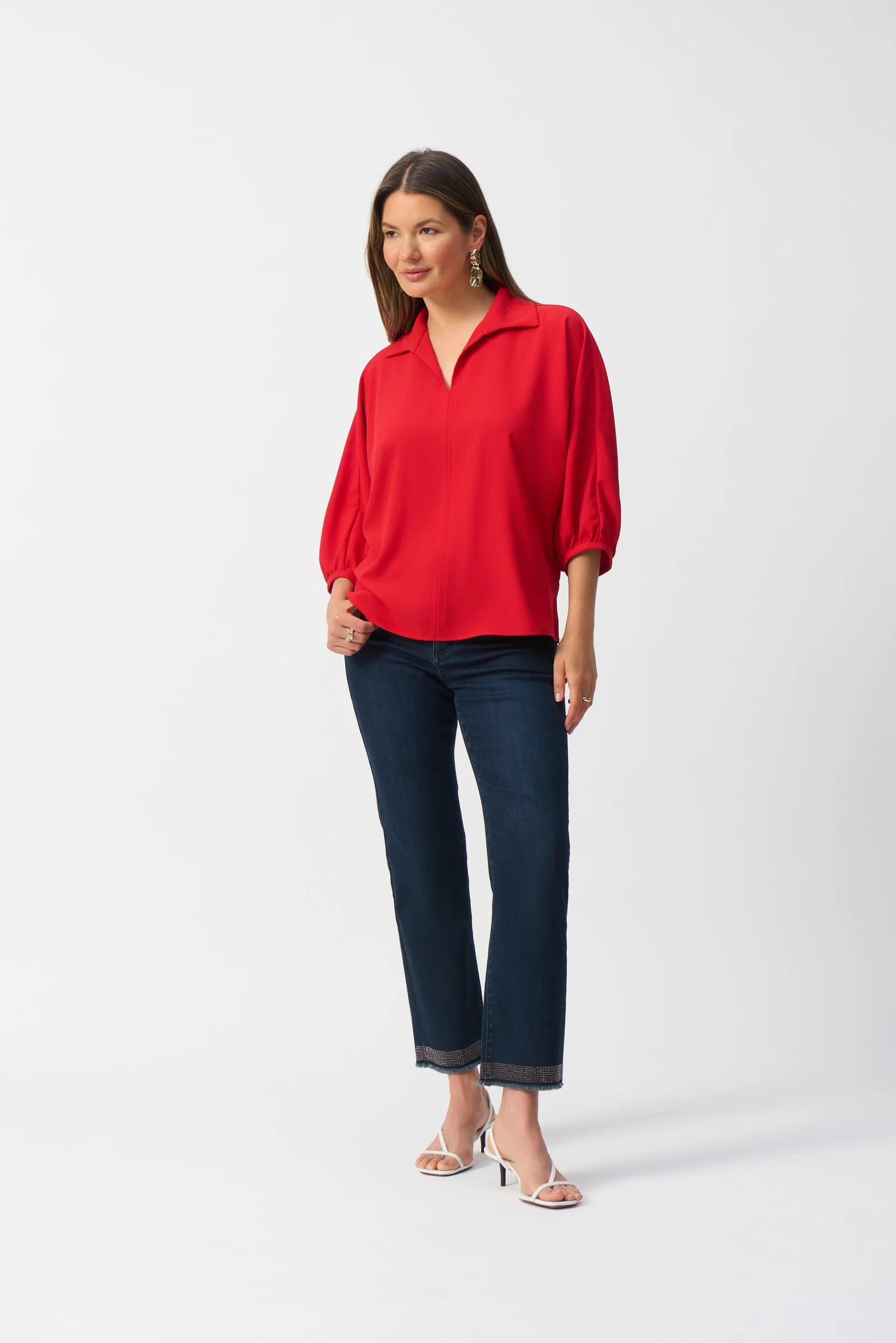 Joseph Ribkoff Radiant Red Boxy Top With Shirt Collar Style 251116 - Image 2
