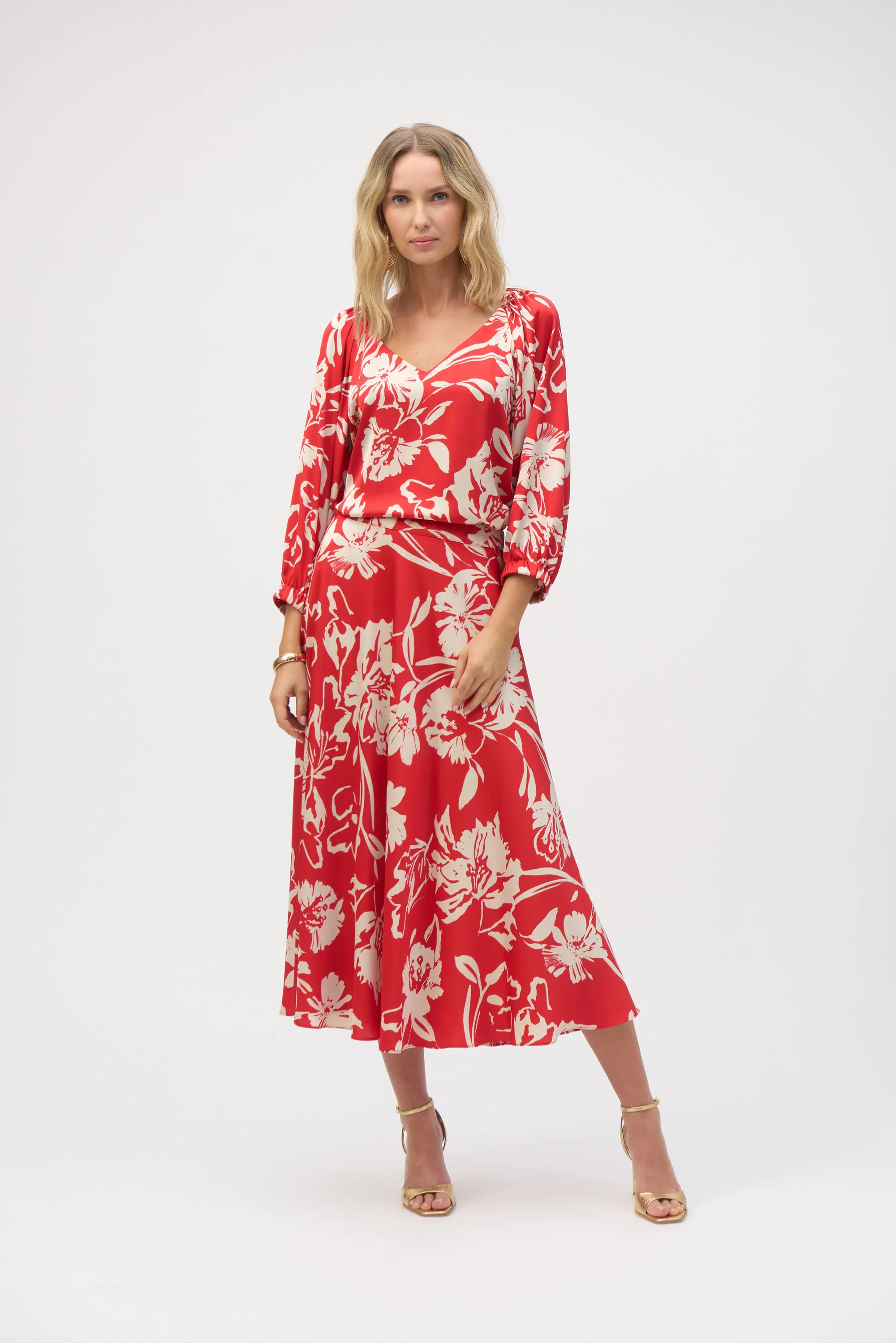 Joseph Ribkoff Red/Cream Floral Print A-Line Skirt Style 252176 - Image 2