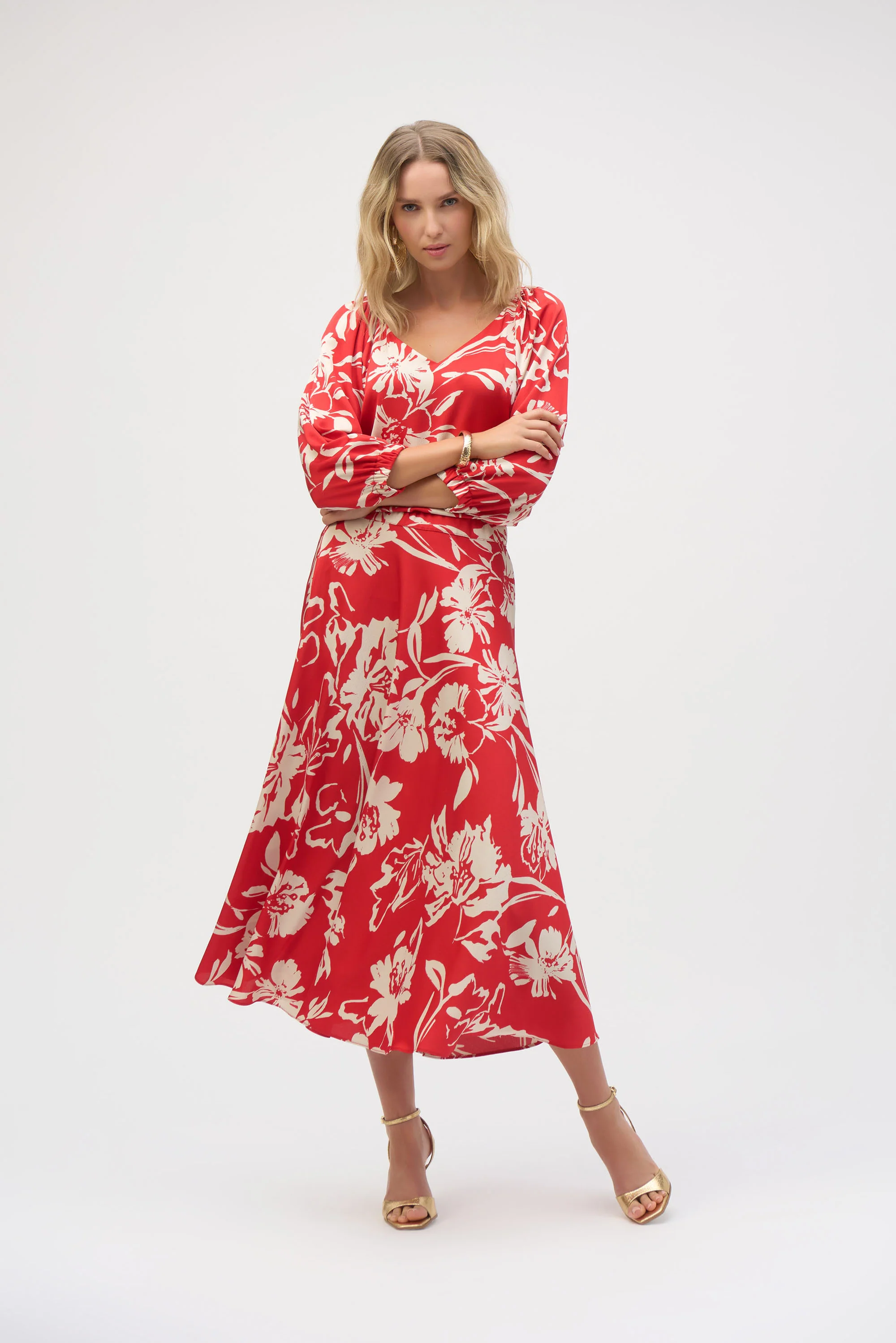 Joseph Ribkoff Red/Cream Floral Print Straight Top Style 252119 - Image 2