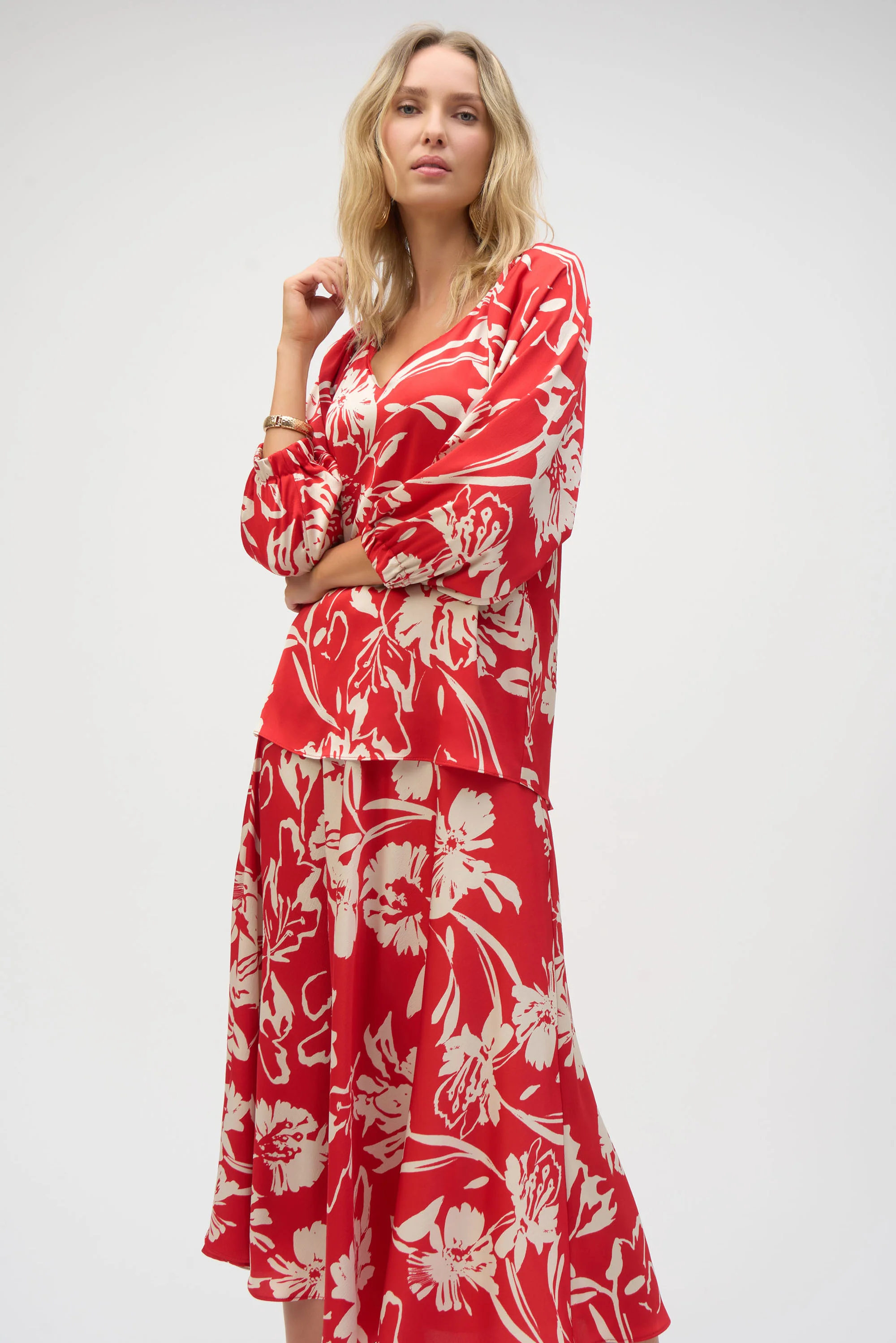 Joseph Ribkoff Red/Cream Floral Print Straight Top Style 252119 - Image 4