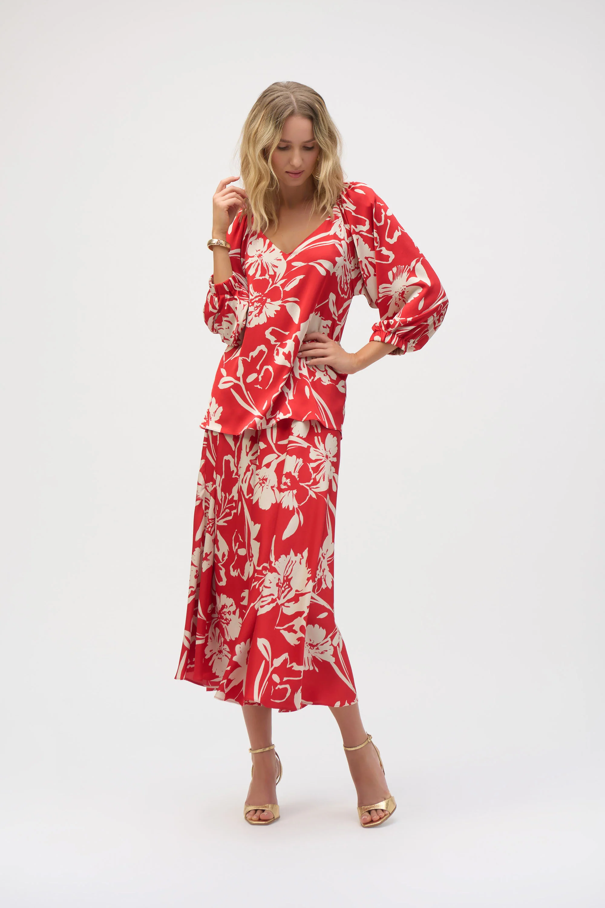 Joseph Ribkoff Red/Cream Floral Print Straight Top Style 252119 - Image 5