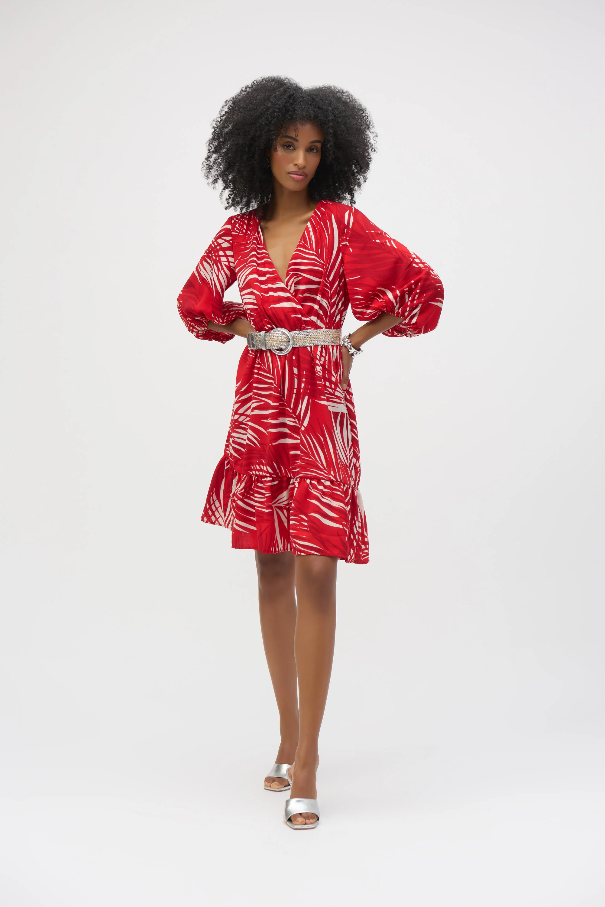 Joseph Ribkoff Red/Cream Gauze Tropical Print Flounced Dress Style 252089