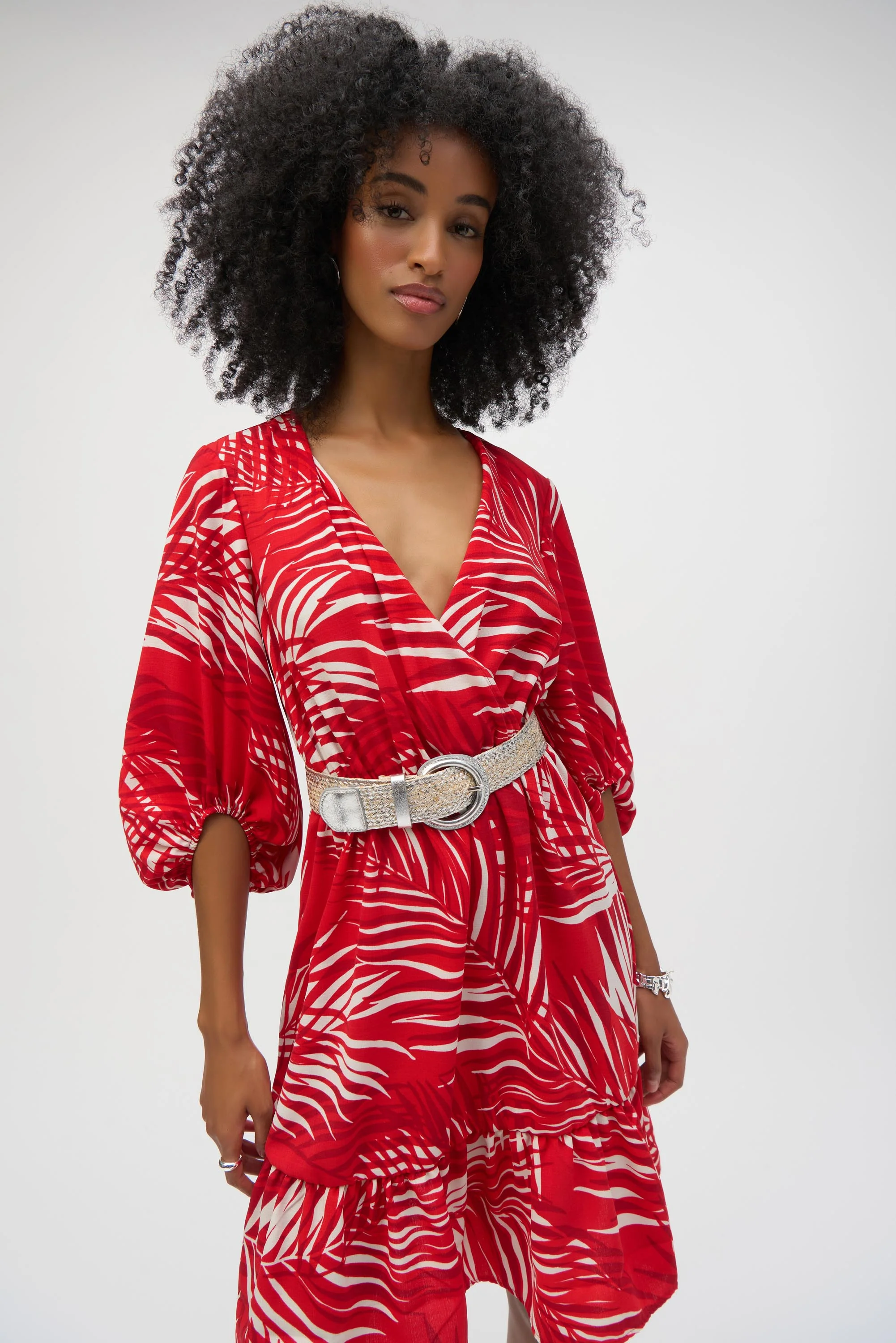 Joseph Ribkoff Red/Cream Gauze Tropical Print Flounced Dress Style 252089 - Image 2