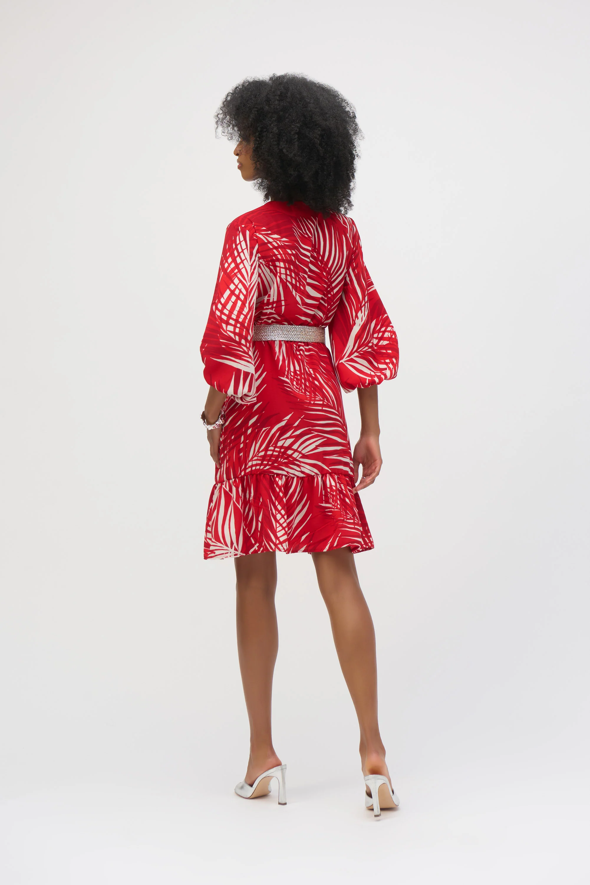 Joseph Ribkoff Red/Cream Gauze Tropical Print Flounced Dress Style 252089 - Image 3