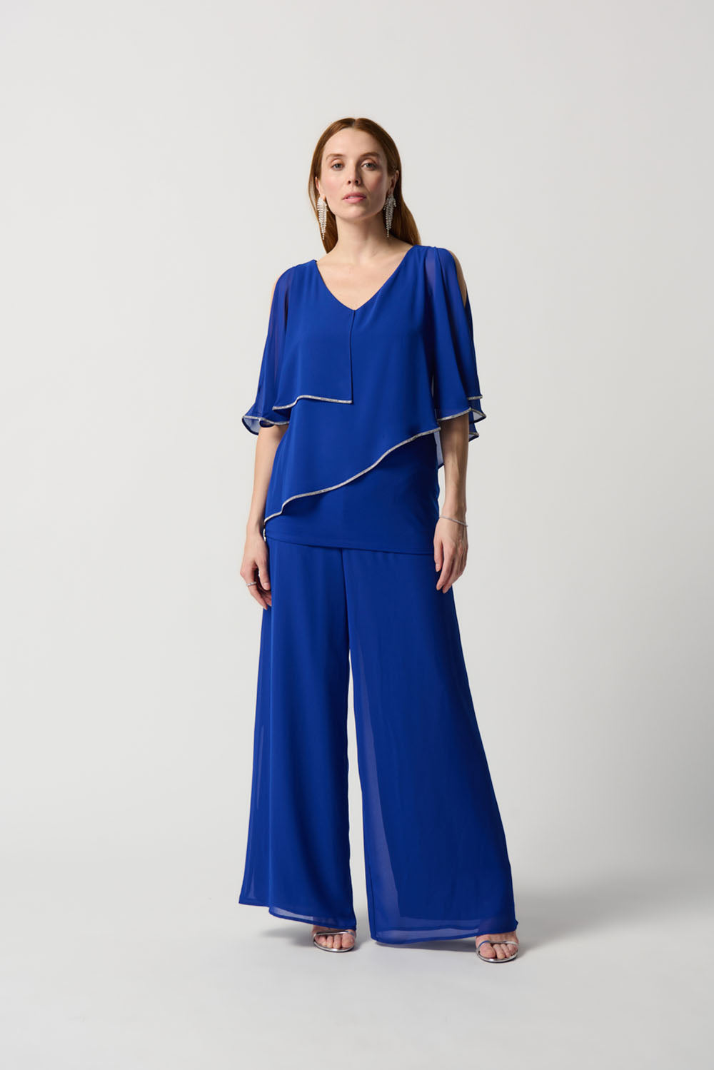 Joseph Ribkoff Royal Sapphire Chiffon Poncho-Style V-Neck Top Style 231720 - Image 3