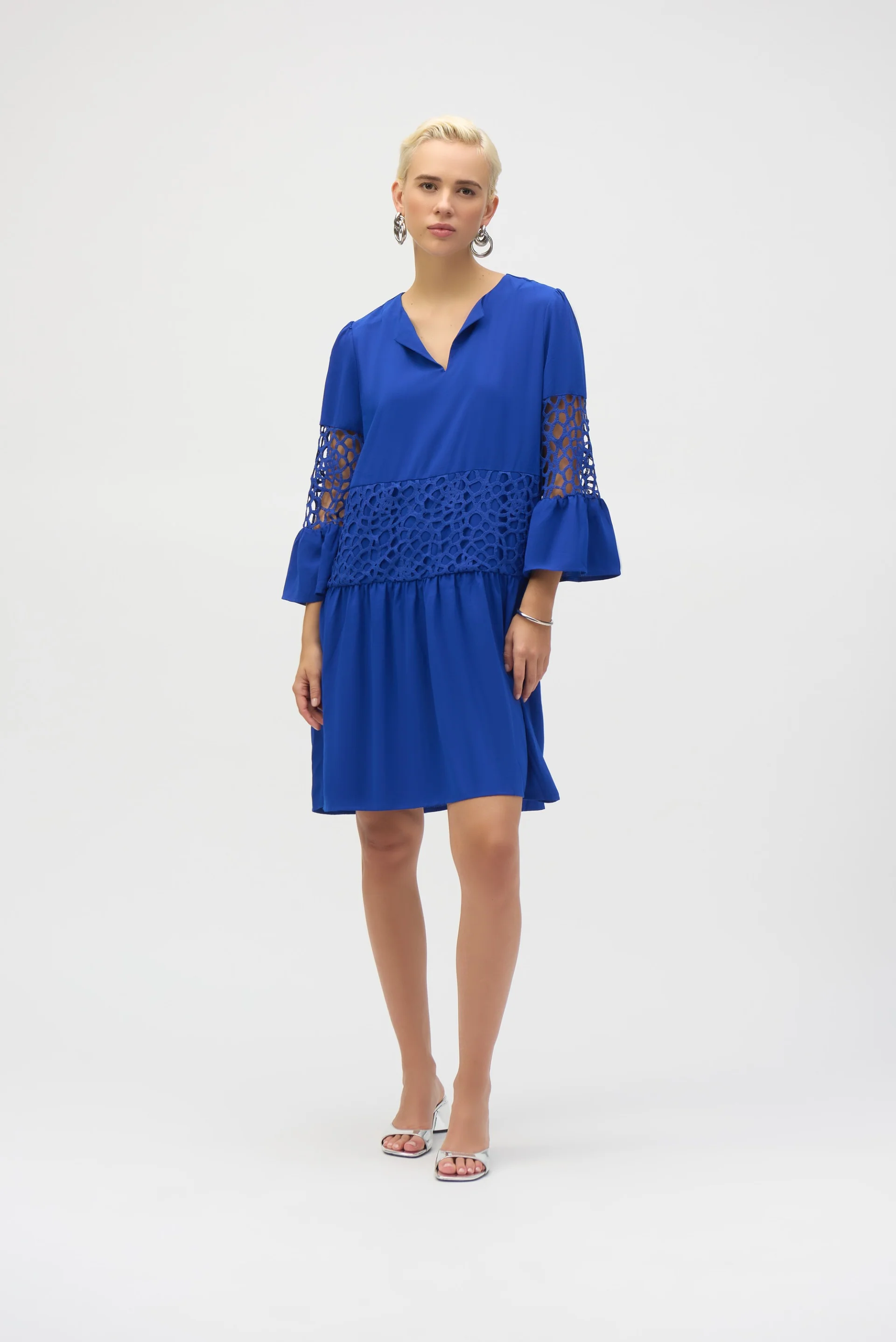 Joseph Ribkoff Royal Sapphire Gauze and Guipure Lace A-Line Dress Style 252922