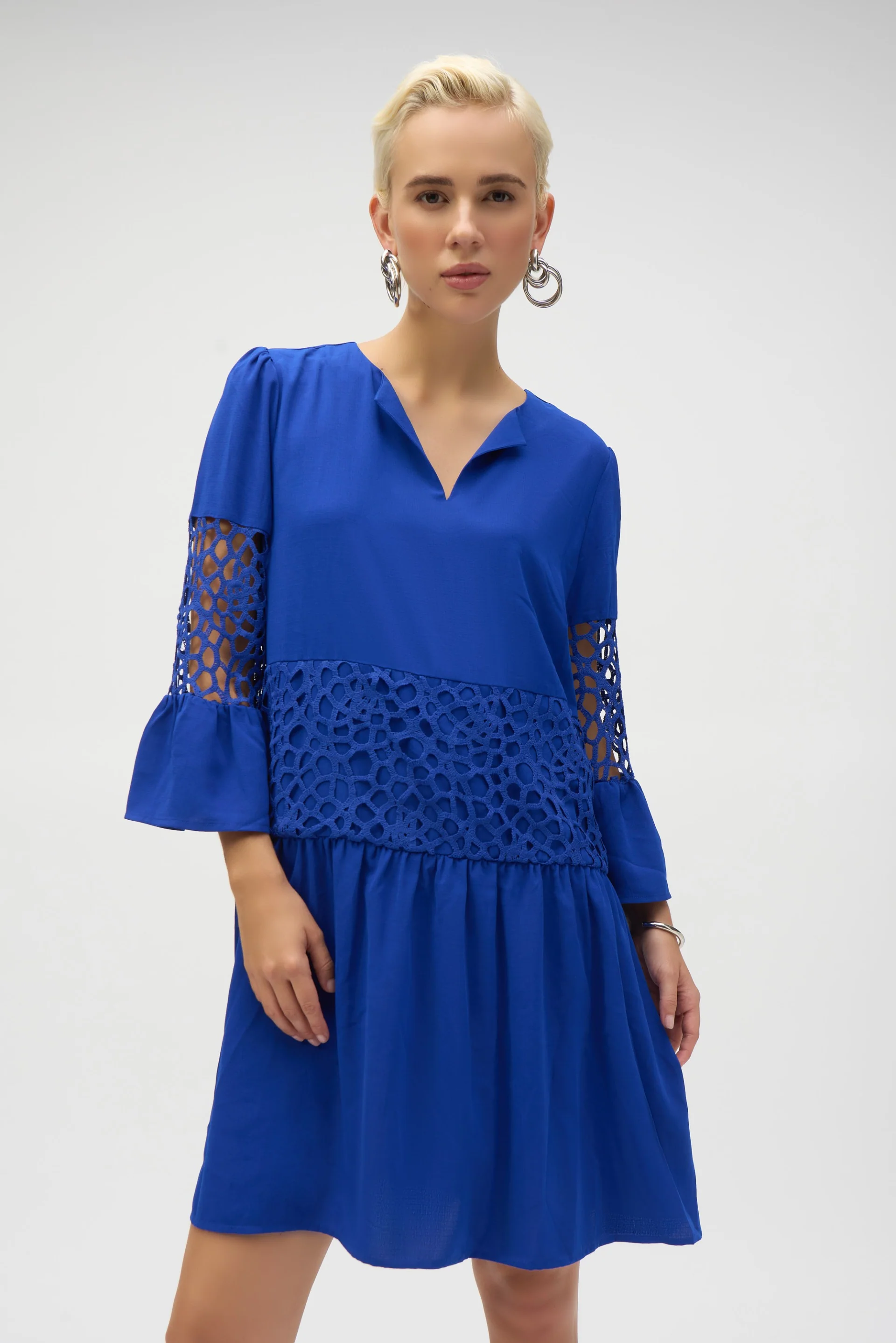 Joseph Ribkoff Royal Sapphire Gauze and Guipure Lace A-Line Dress Style 252922 - Image 2
