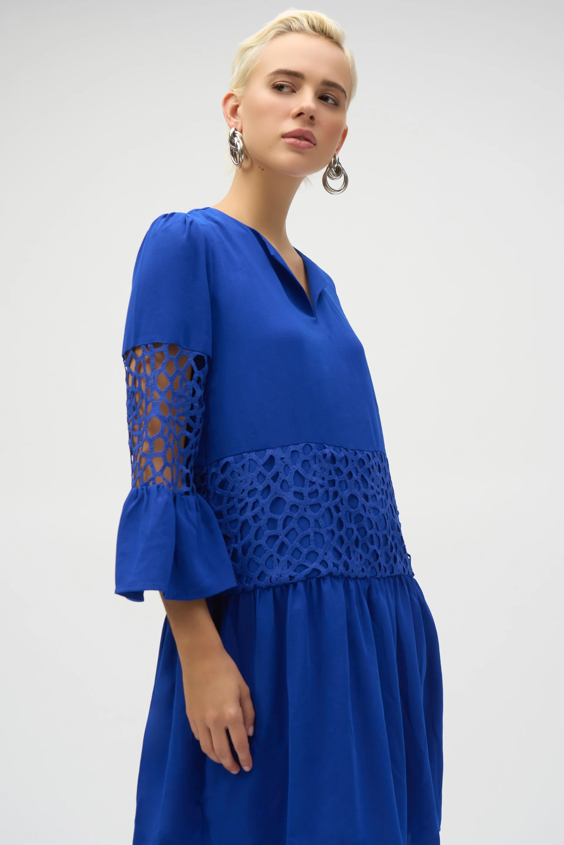 Joseph Ribkoff Royal Sapphire Gauze and Guipure Lace A-Line Dress Style 252922 - Image 3