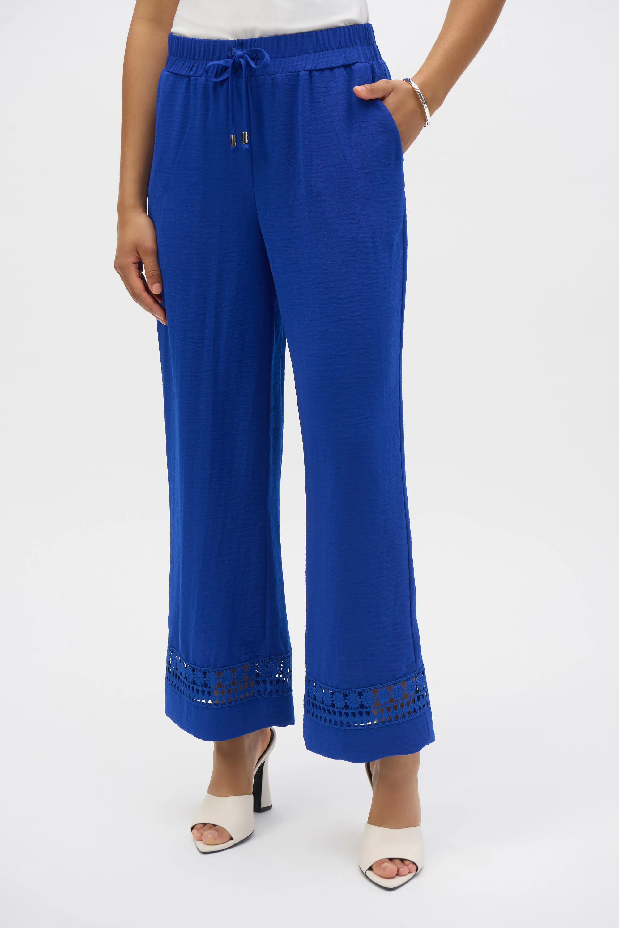 Joseph Ribkoff Royal Sapphire Gauze Wide-Leg Pants With Guipure Trim Style 252110