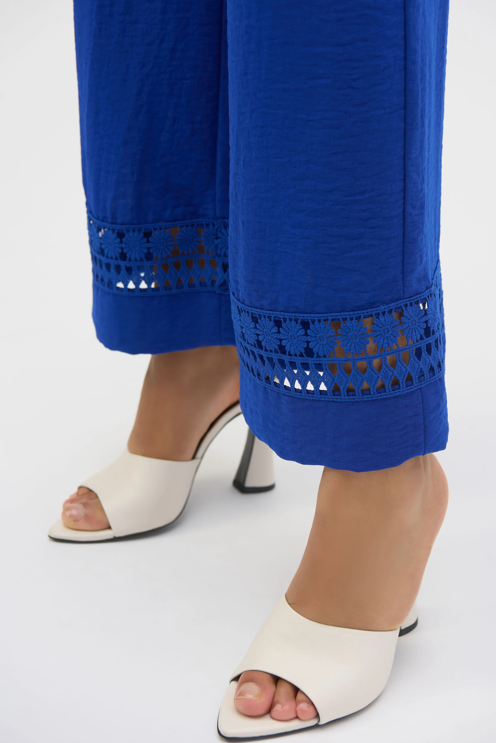 Joseph Ribkoff Royal Sapphire Gauze Wide-Leg Pants With Guipure Trim Style 252110 - Image 2