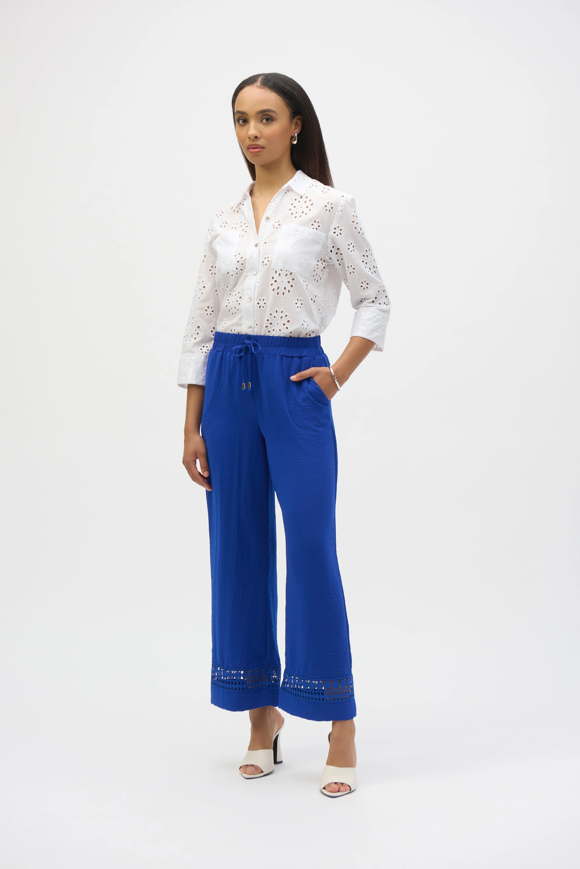 Joseph Ribkoff Royal Sapphire Gauze Wide-Leg Pants With Guipure Trim Style 252110 - Image 4