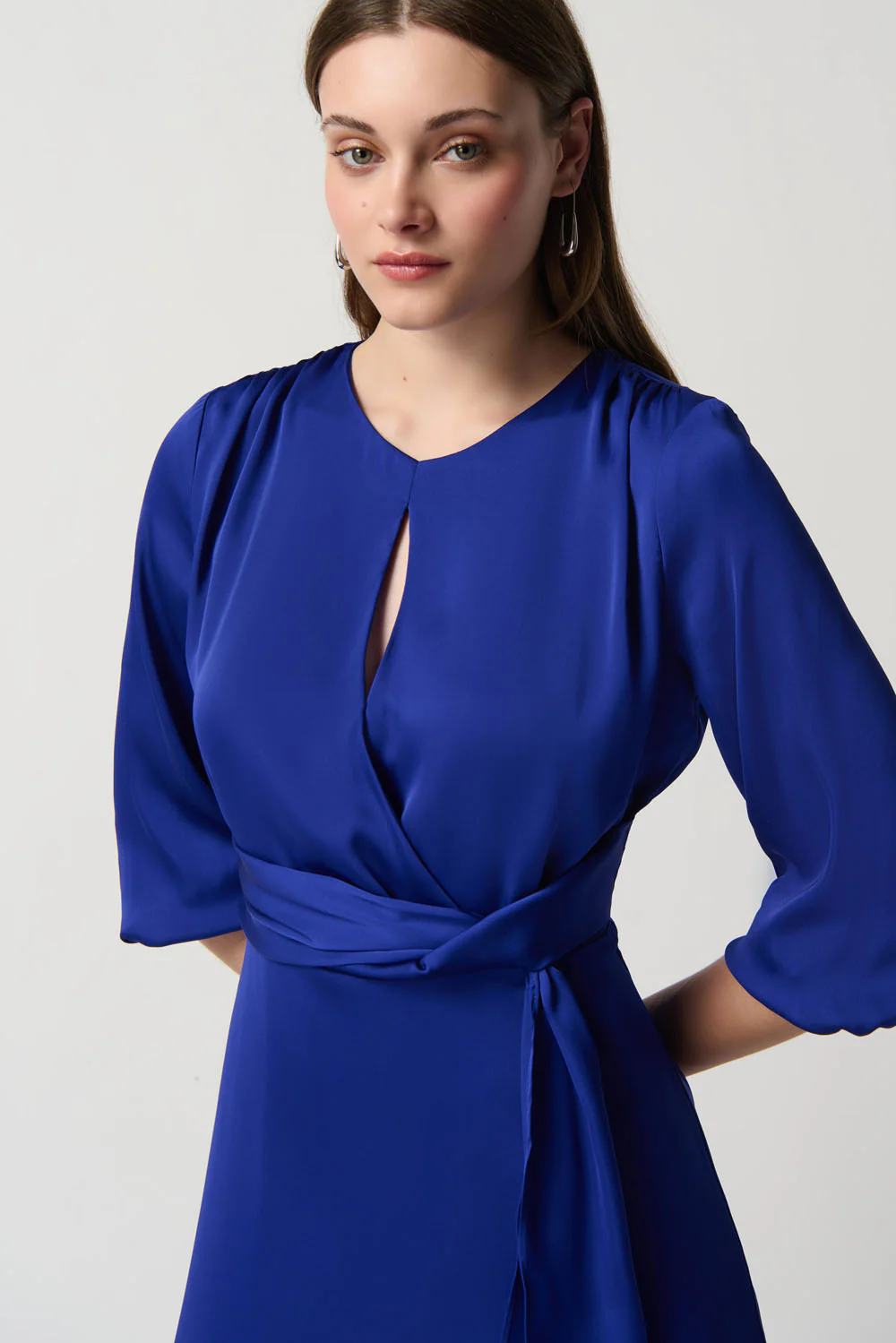 Joseph Ribkoff Royal Sapphire Satin Keyhole Neckline A-Line Dress Style 234127 - Image 2