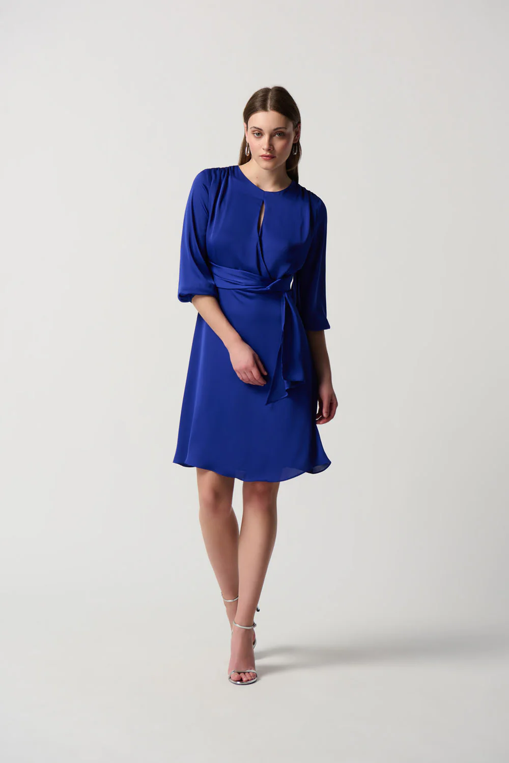 Joseph Ribkoff Royal Sapphire Satin Keyhole Neckline A-Line Dress Style 234127 - Image 3