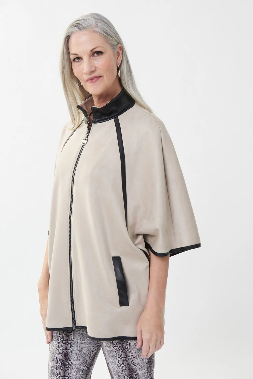 Joseph Ribkoff Sand/Black Scuba Suede Coat Style 223225 - Image 2