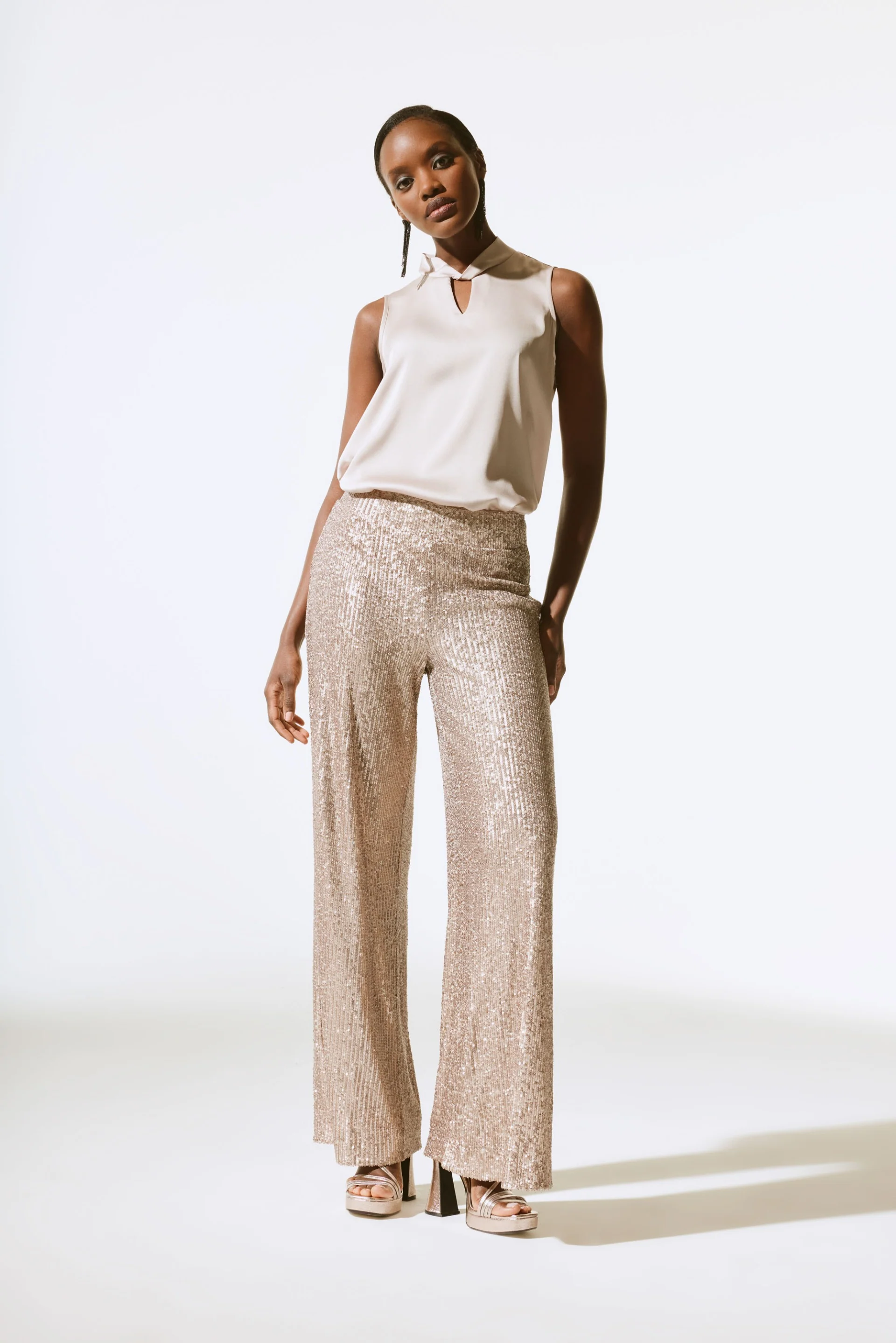 Joseph Ribkoff Sand Satin Sleeveless Keyhole Top Style 243792 - Image 4