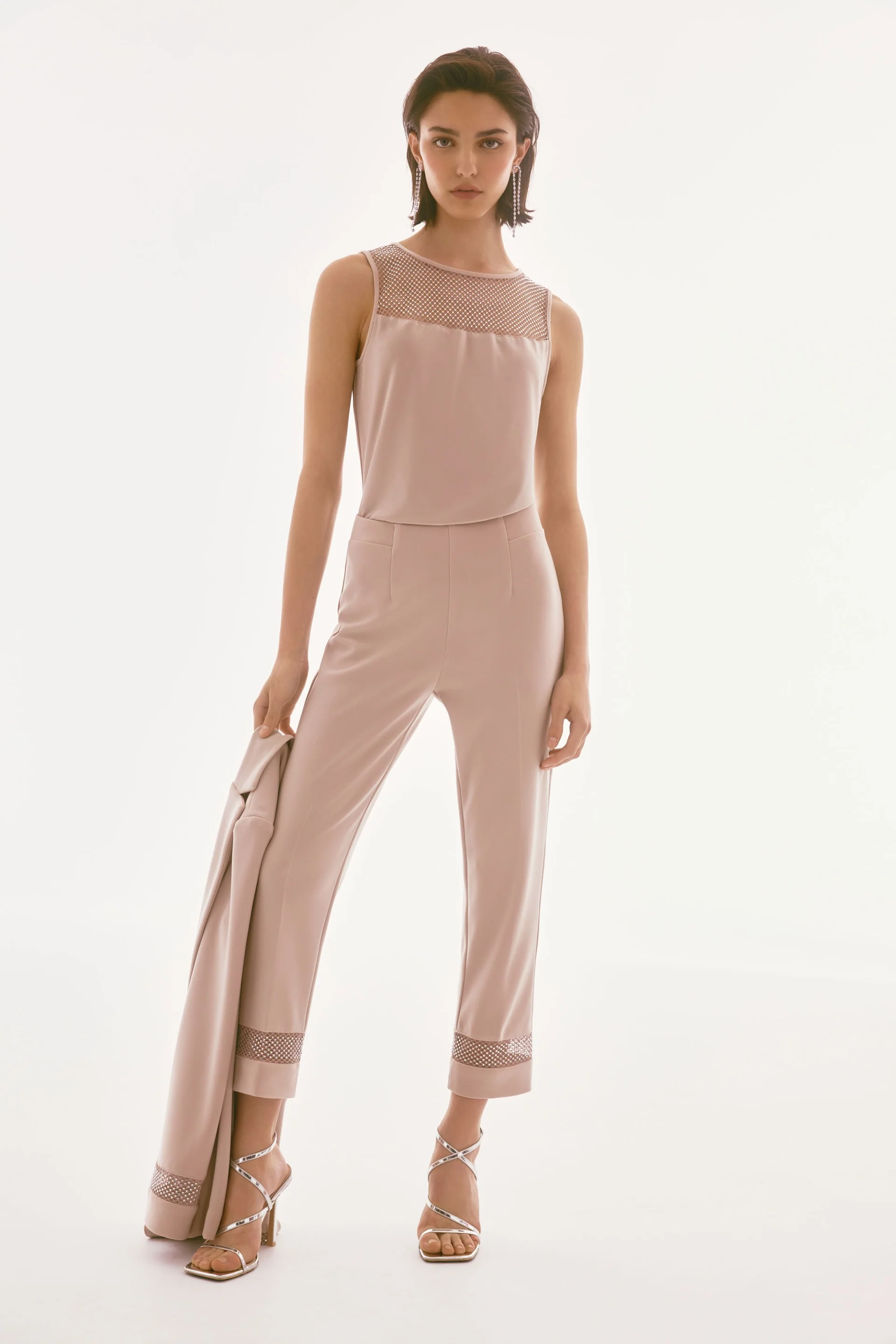 Joseph Ribkoff Sand Silky Knit And Rhinestone Mesh Top Style 243757 - Image 2