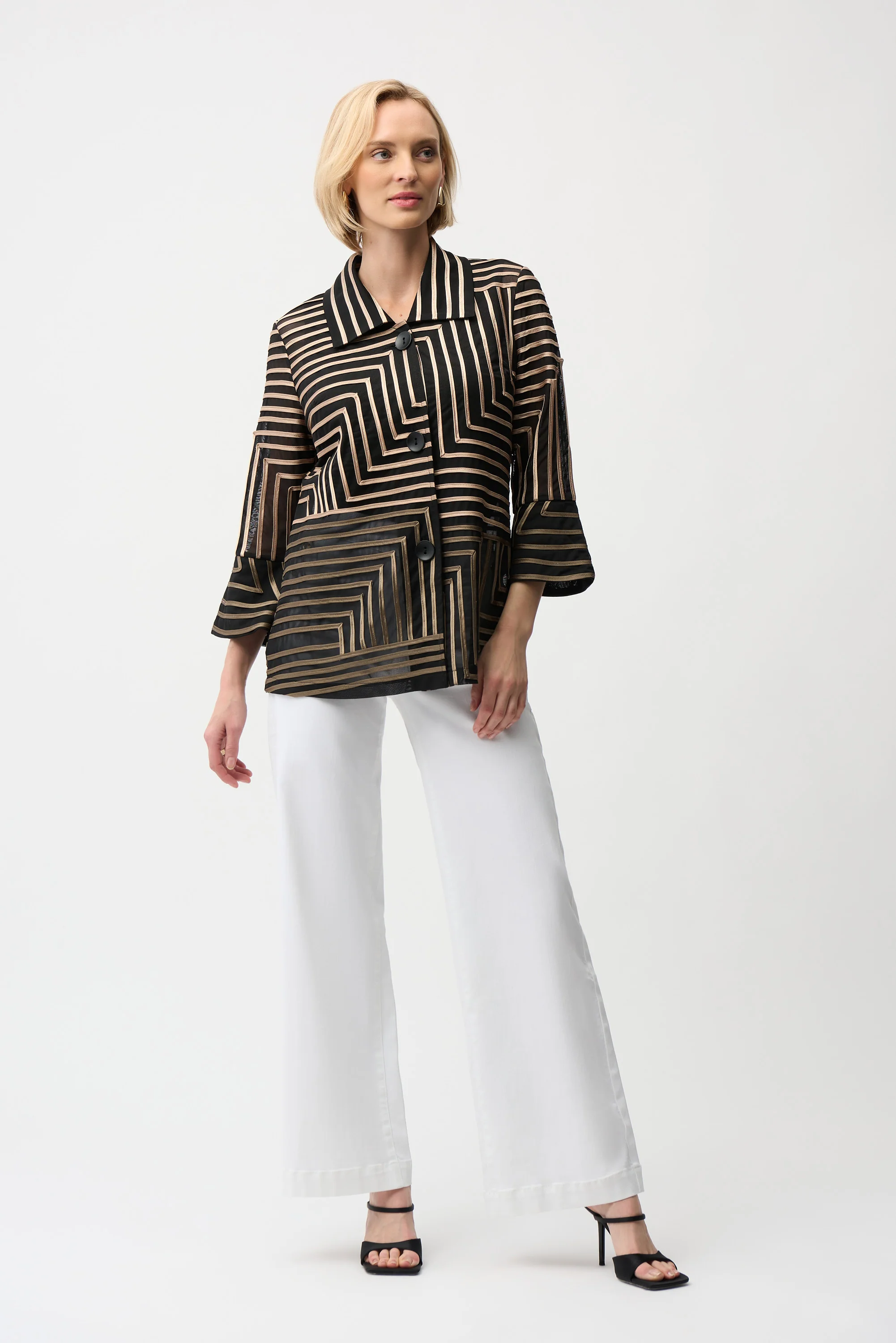 Joseph Ribkoff Satin And Mesh Abstract Print Jacket With Bell Sleeve Style 261980 - Image 2