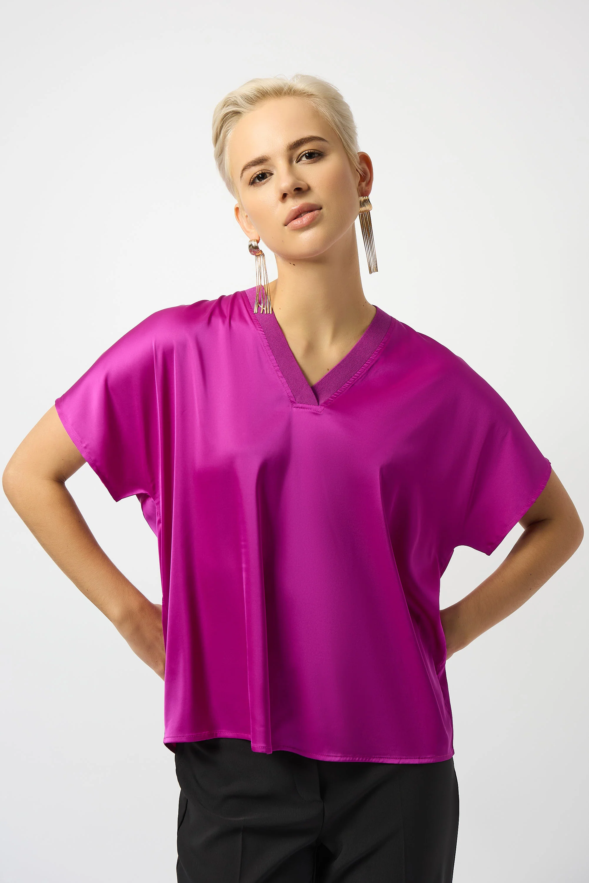 Joseph Ribkoff Satin Boxy Top with Rib Trim Style 253921 - Image 5