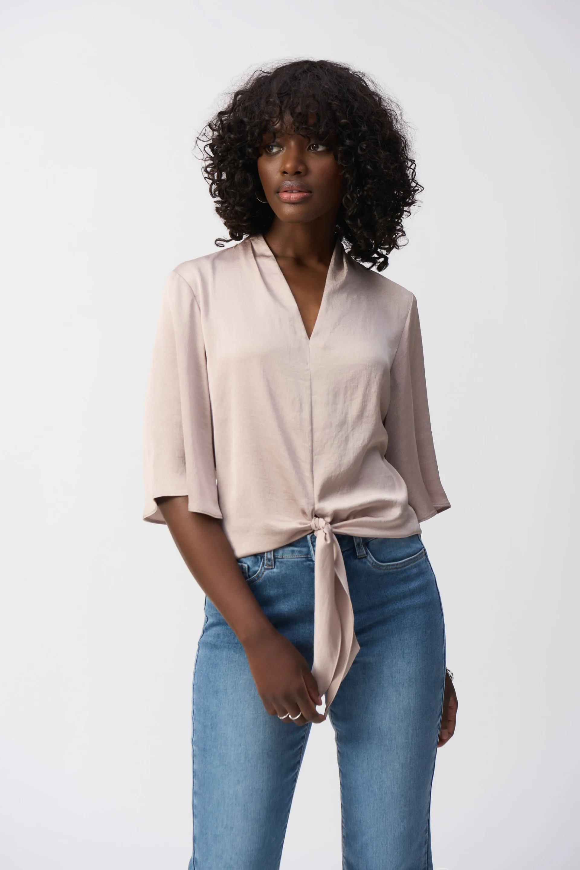 Joseph Ribkoff Satin V-Neck Top with Front Tie Style 251253