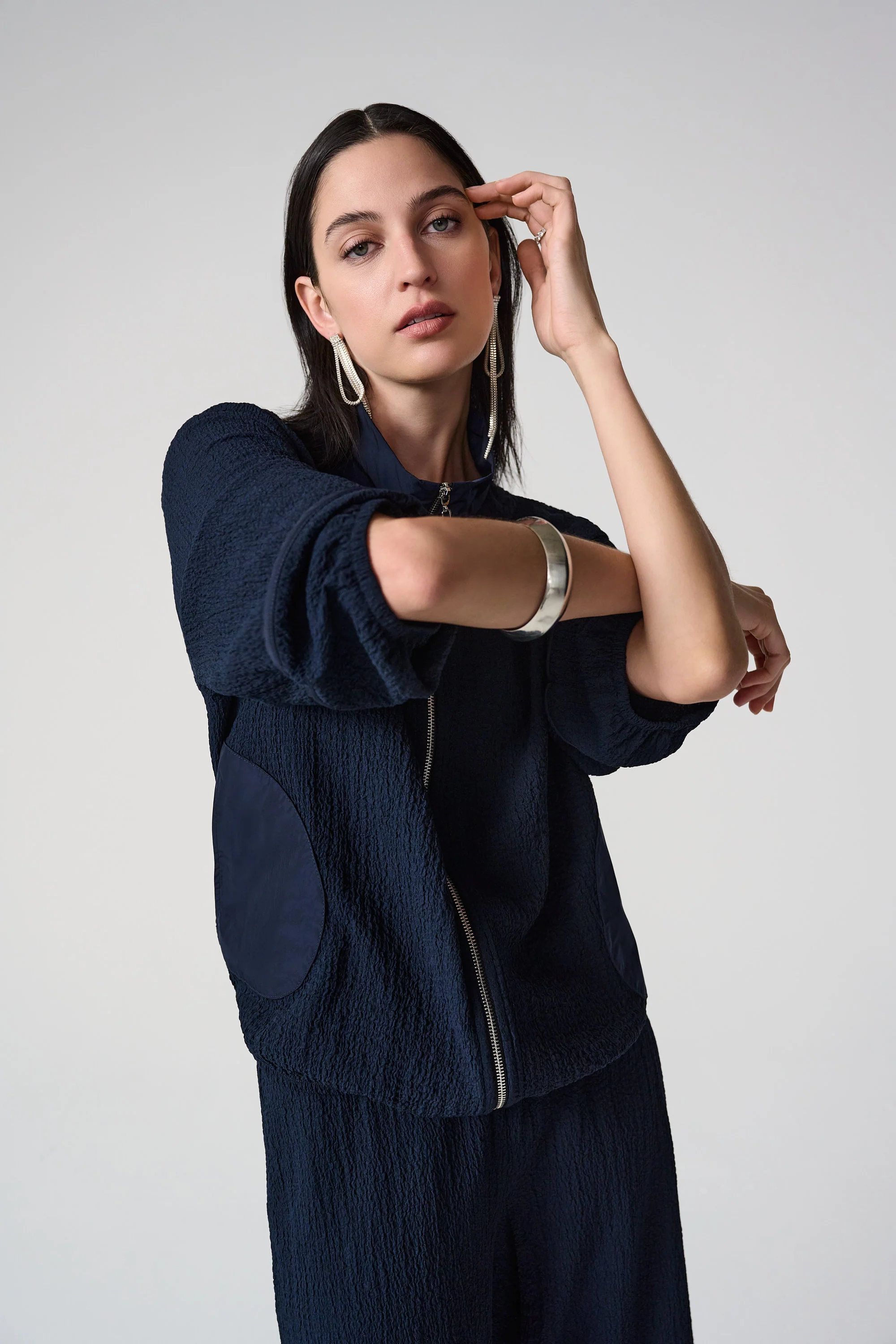 Joseph Ribkoff Seersucker & Memory Bomber Jacket Style 261066 - Image 3