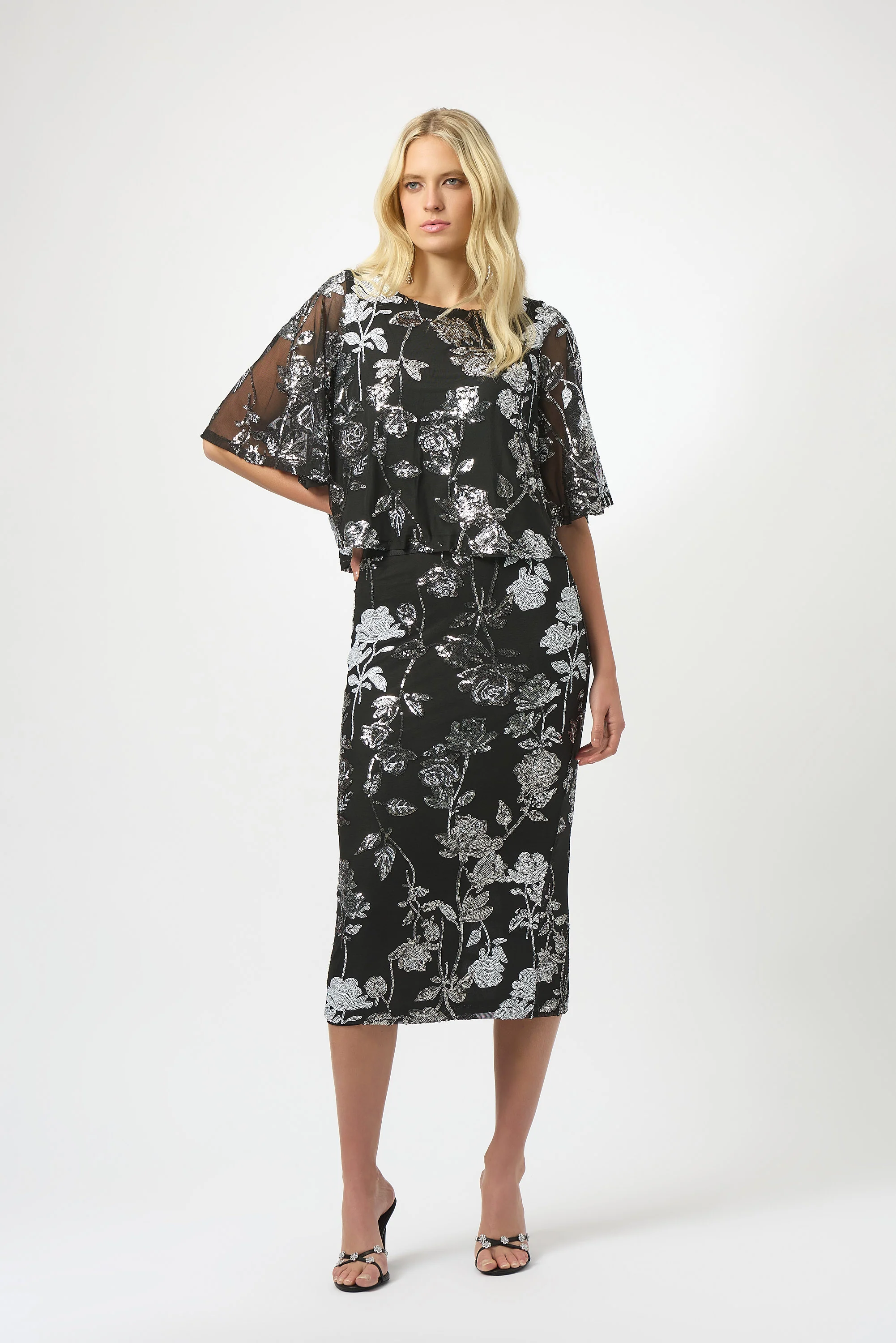 Joseph Ribkoff Sequin Embroidered Floral Print Boxy Top Style 254181 - Image 3
