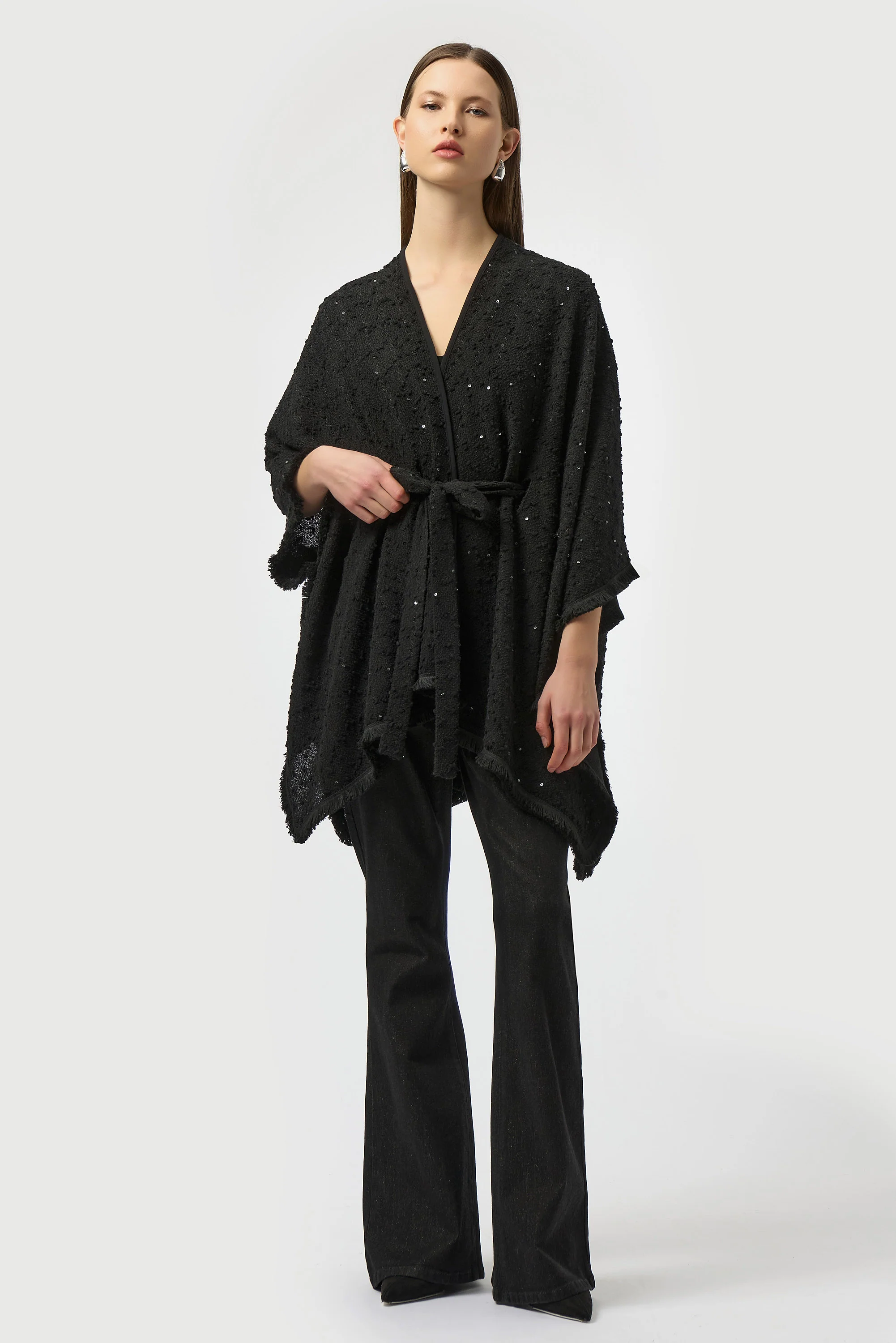 Joseph Ribkoff Sequined Bouclé Knit Belted Poncho Style 254009 - Image 2