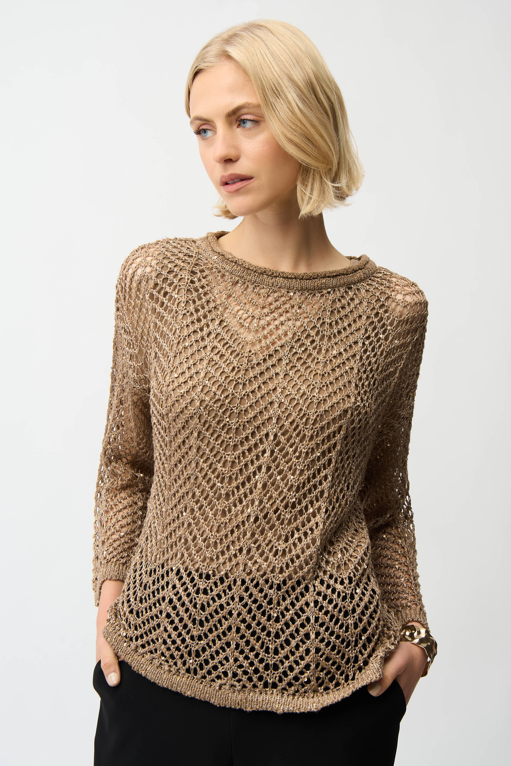 Joseph Ribkoff Sequins Yarn Chevron Print Long Sleeve Sweater Style 261915 - Image 5