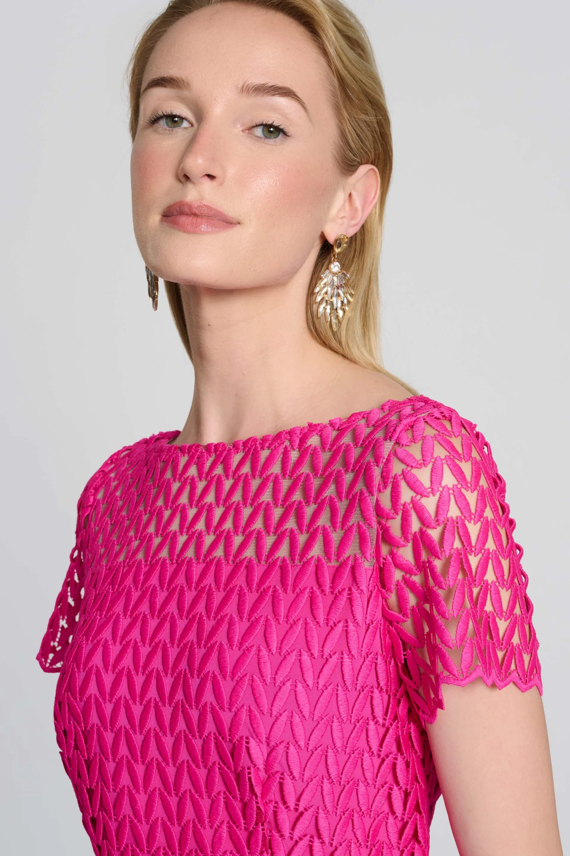 Joseph Ribkoff Shocking Pink Guipure Lace Flounce Dress Style 242704 - Image 3