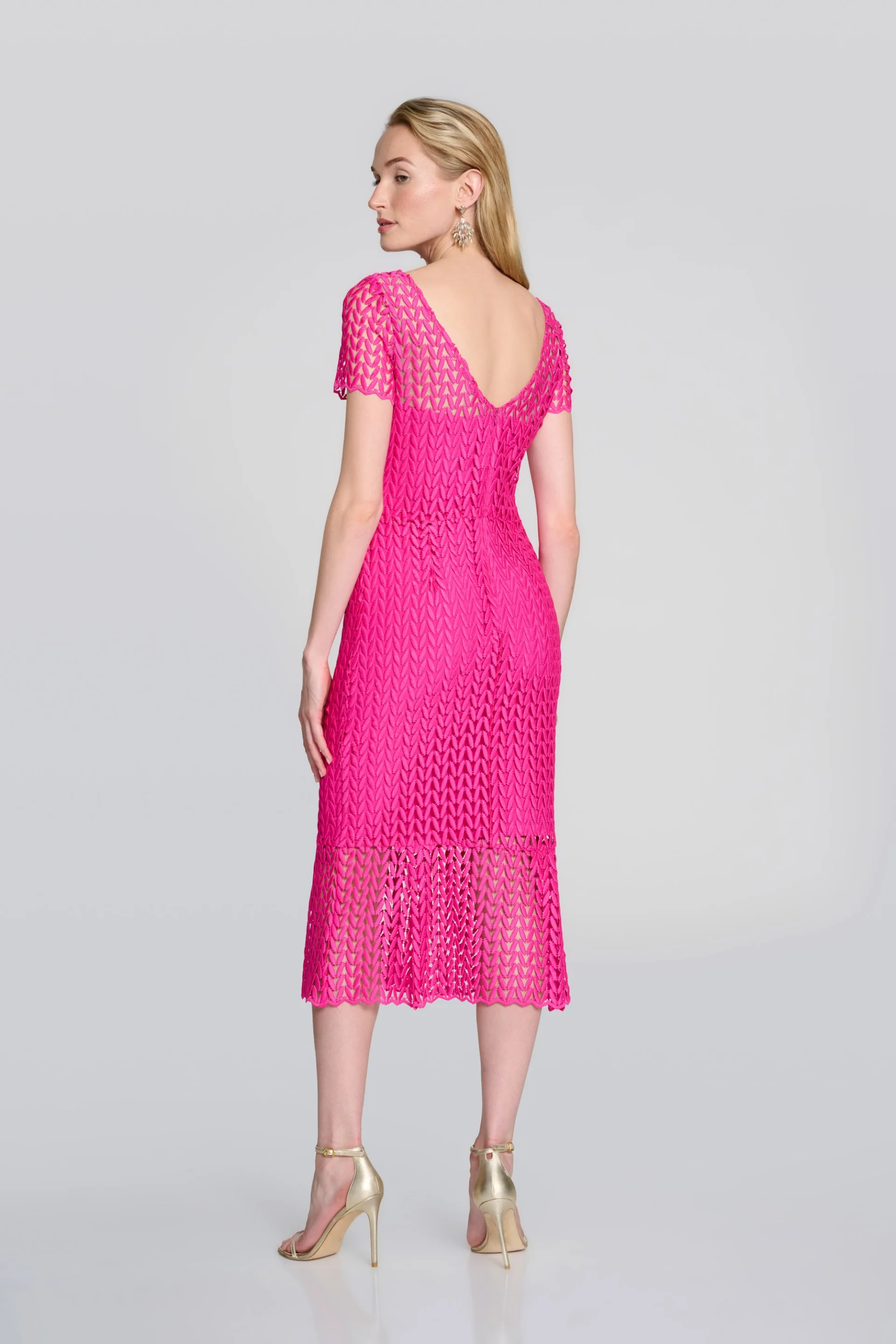 Joseph Ribkoff Shocking Pink Guipure Lace Flounce Dress Style 242704 - Image 4