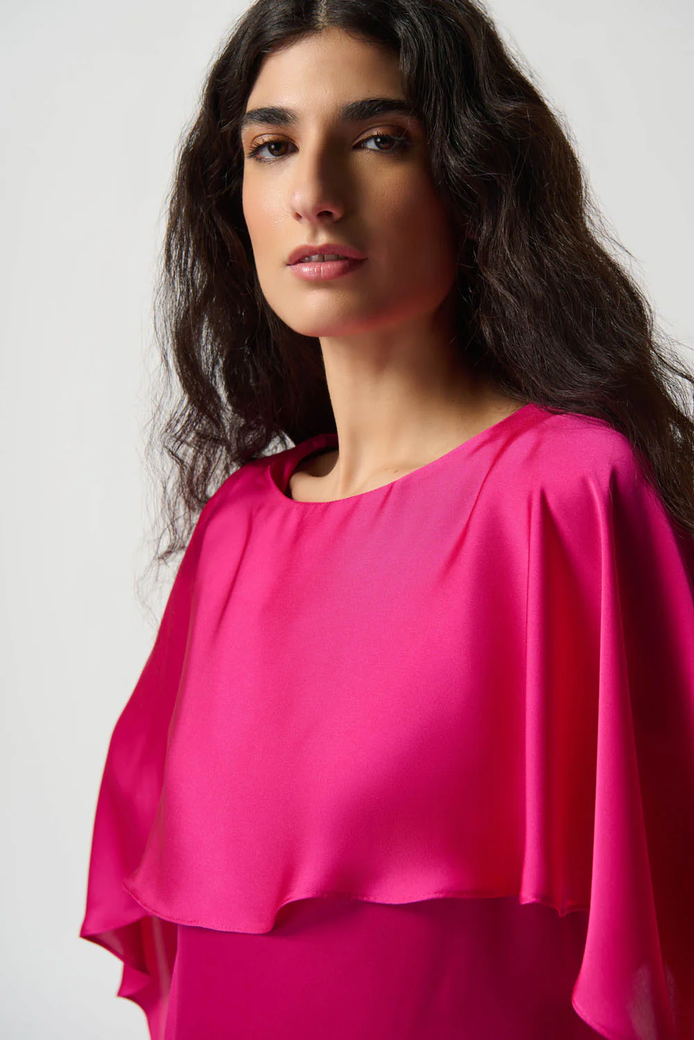 Joseph Ribkoff Shocking Pink Satin Layered Top With Boat Neck Style 234023 - Image 3
