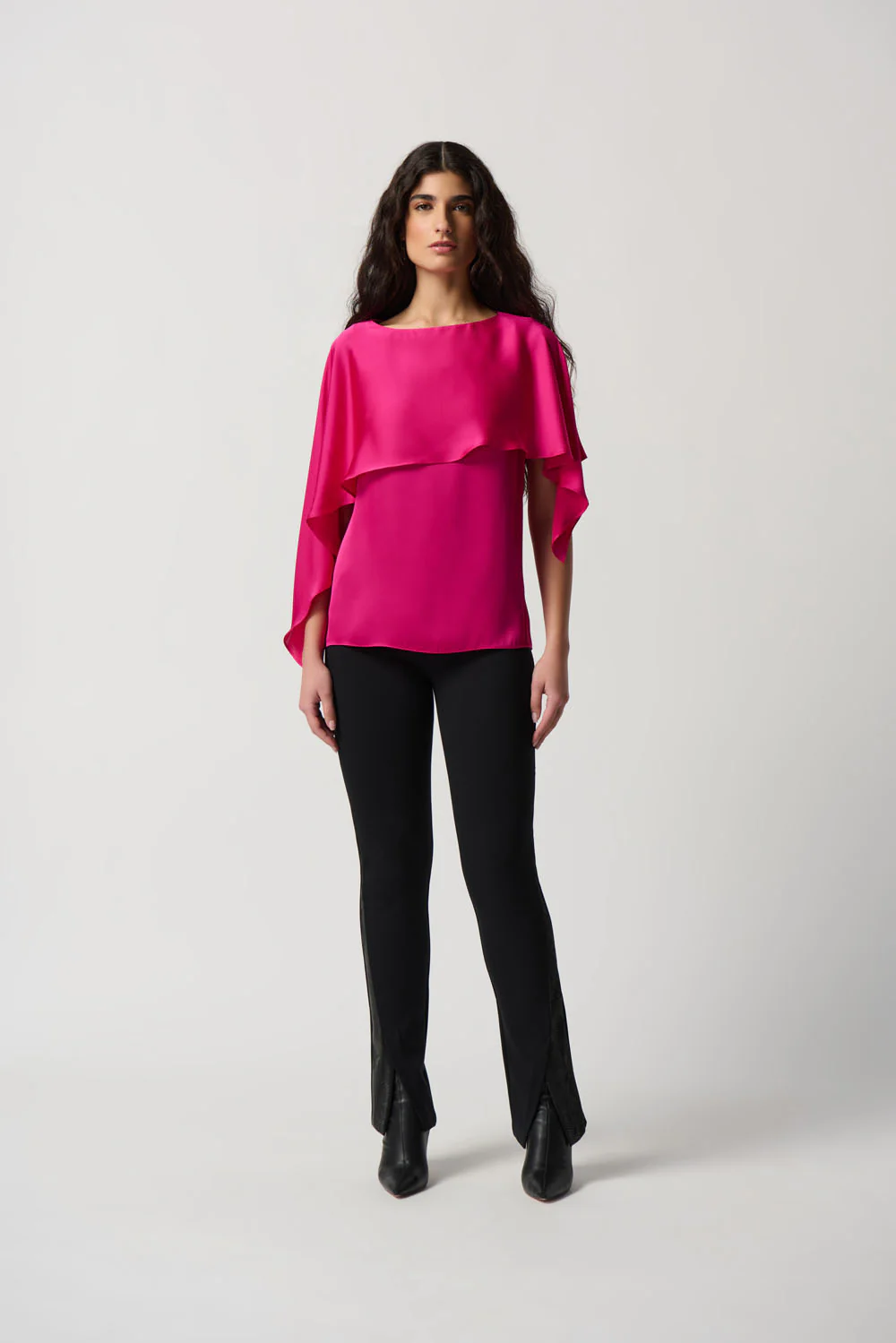 Joseph Ribkoff Shocking Pink Satin Layered Top With Boat Neck Style 234023 - Image 4