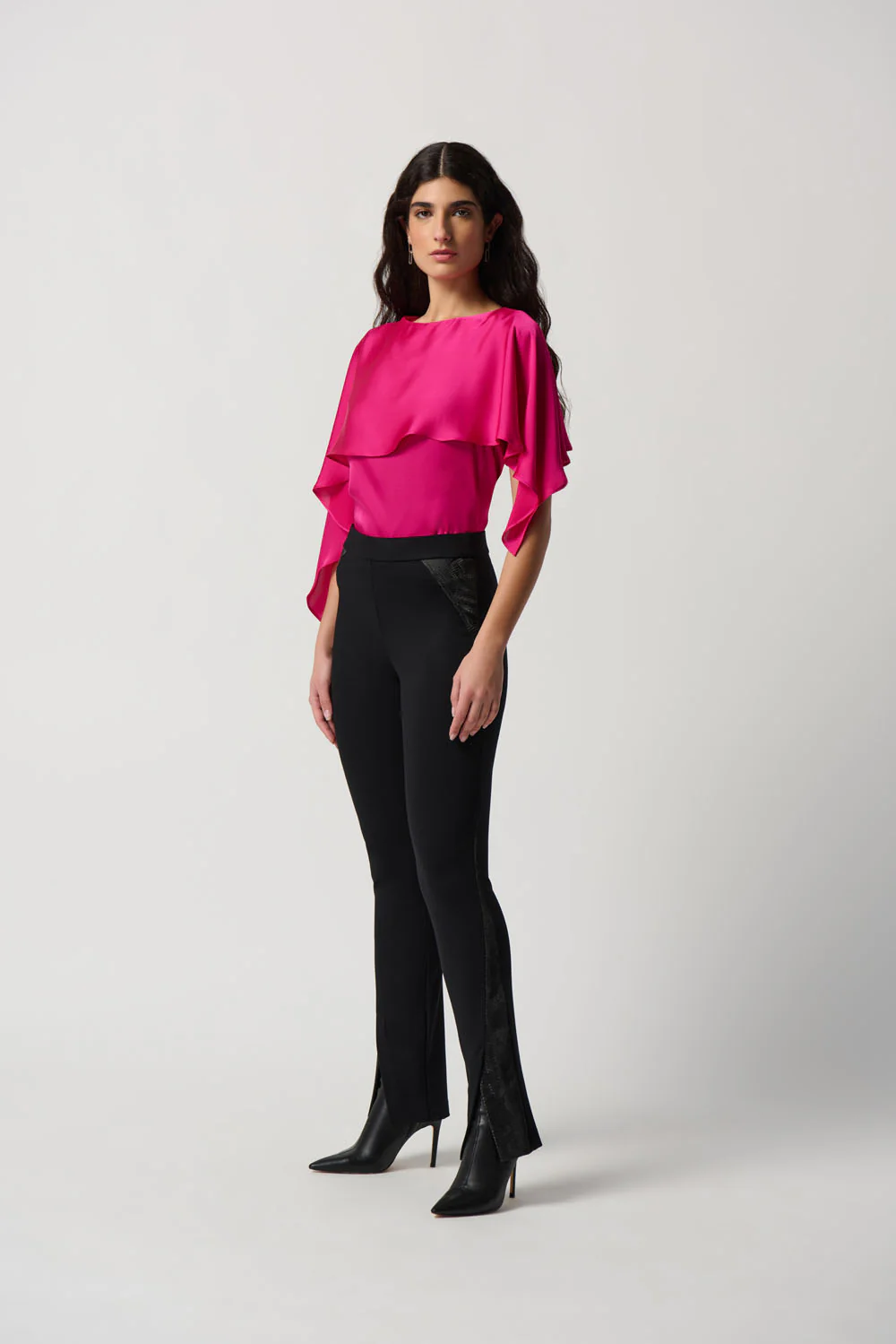Joseph Ribkoff Shocking Pink Satin Layered Top With Boat Neck Style 234023 - Image 5