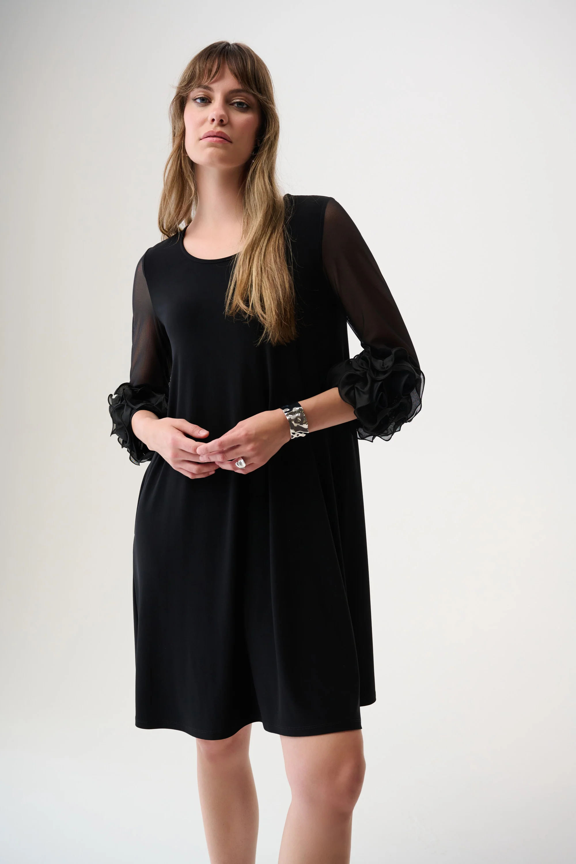 Joseph Ribkoff Silky Knit and Mesh A-Line Dress With Ruffled Trim Style 261212 - Image 2