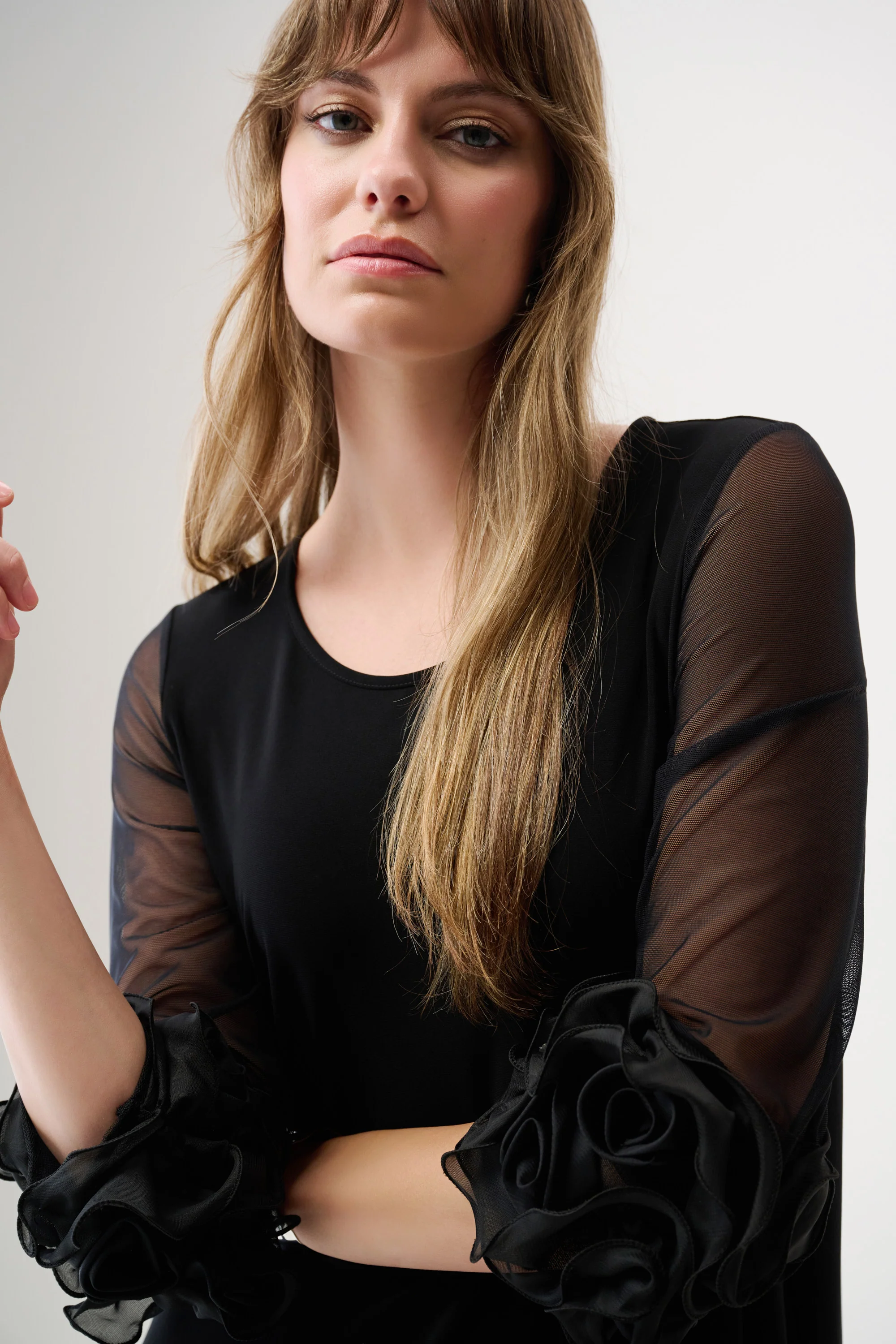 Joseph Ribkoff Silky Knit and Mesh A-Line Dress With Ruffled Trim Style 261212 - Image 3