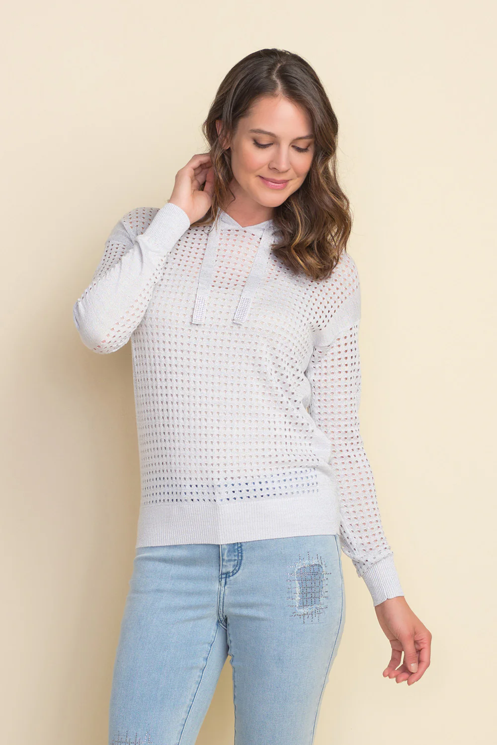 Joseph Ribkoff Silver Perforated Sweatshirt Style 212906 - Image 2