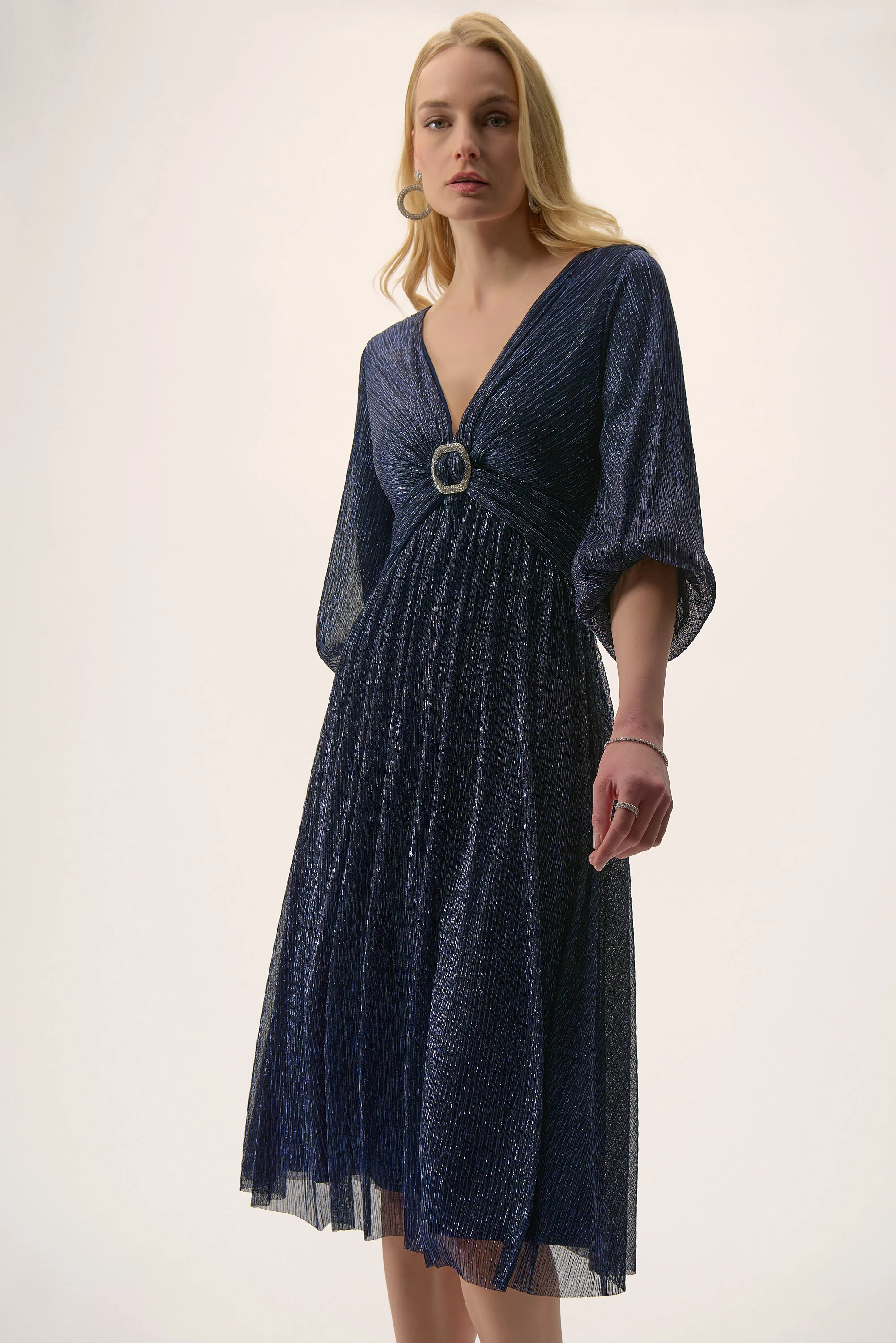 Joseph Ribkoff Sparkle Mesh Plissé Fit and Flare Midi Dress Style 254735 - Image 2