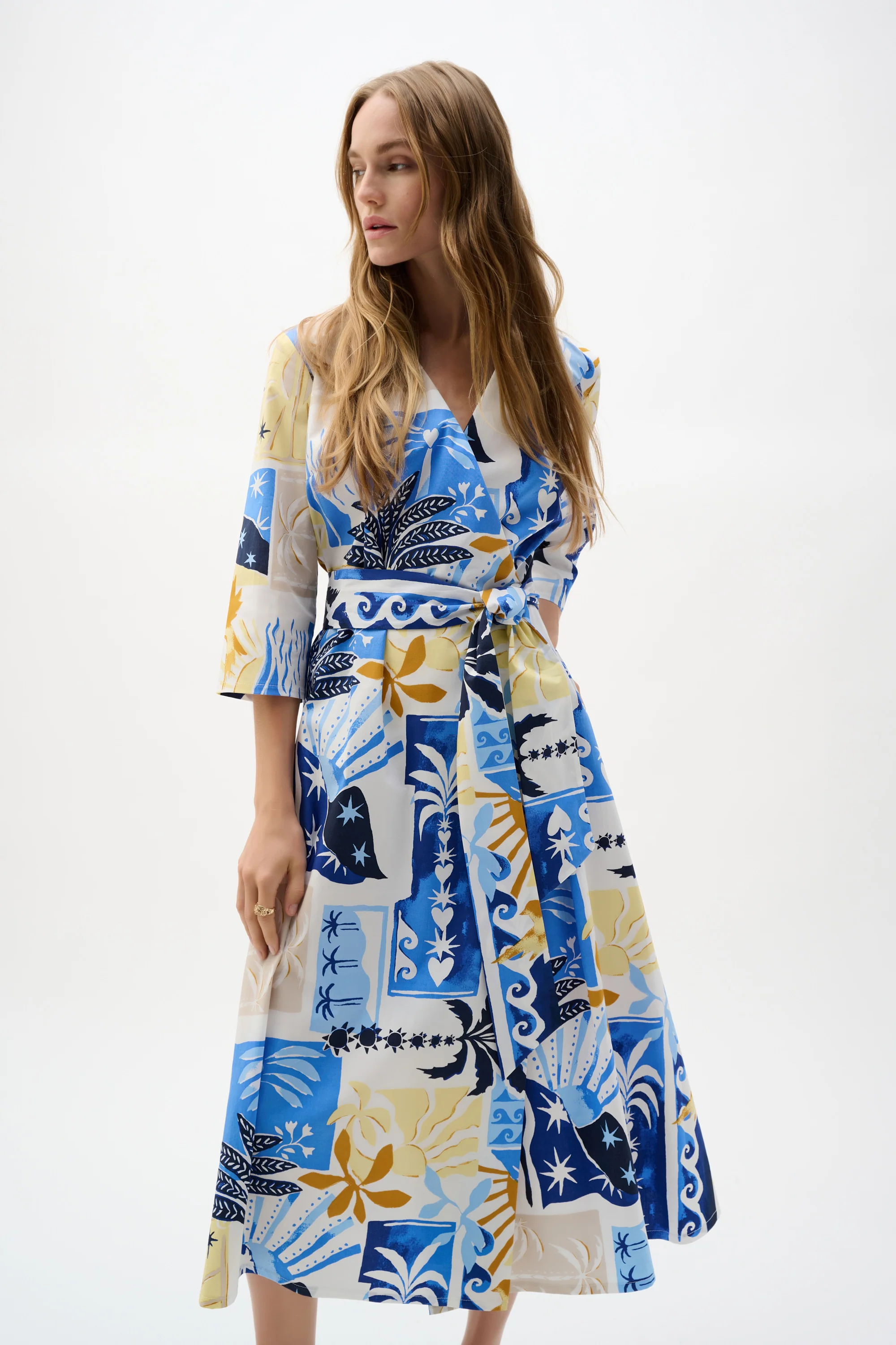 Joseph Ribkoff Stretch Cotton Tropical Print A-Line Wrap Dress Style 262225 - Image 2